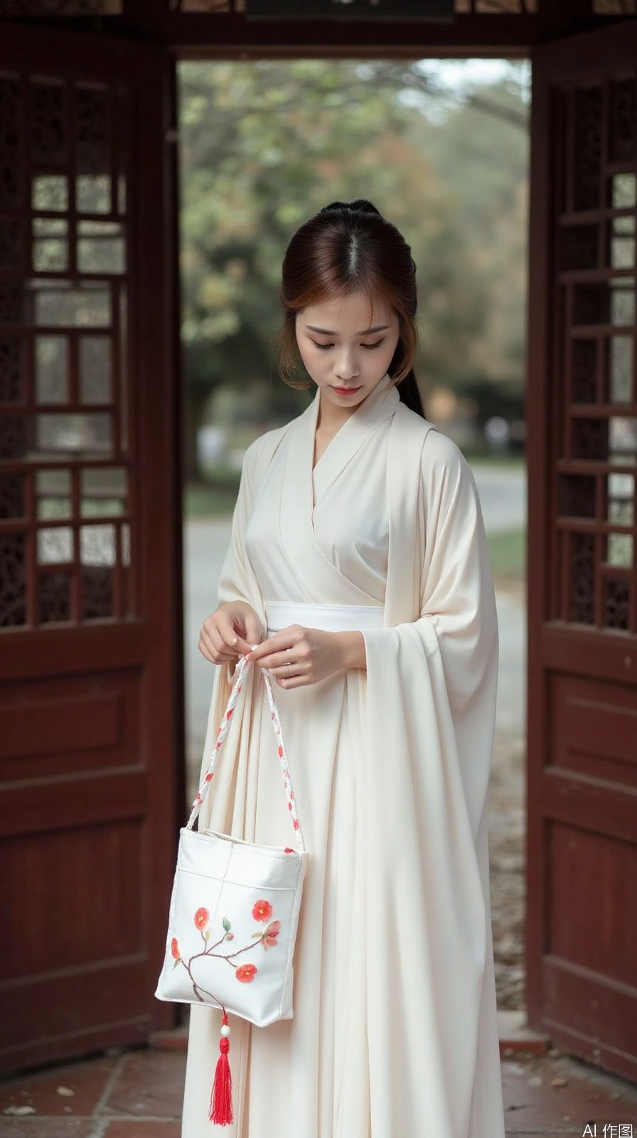 The image shows a young woman standing in front of a wooden door with a lattice pattern. She is wearing a long, flowing white dress with a high neckline and long sleeves. The dress is made of a light-colored fabric with a floral pattern and has a red tassel hanging from the bottom. The woman is holding a small white bag with red flowers on it in her left hand and is looking down at it with a serious expression on her face. The background is blurred, but it appears to be an outdoor setting with trees and a pathway. The overall mood of the image is peaceful and serene.