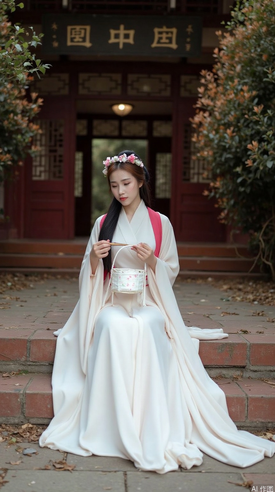 The image shows a young woman wearing a traditional Chinese Hanfu dress. She is sitting on a stone staircase with a wooden archway in the background. The woman is holding a small basket in her hands and appears to be playing a musical instrument. She has long black hair styled in a bun with a flower crown on top. The dress is white with pink and red accents and has a long train. The overall mood of the image is peaceful and serene.