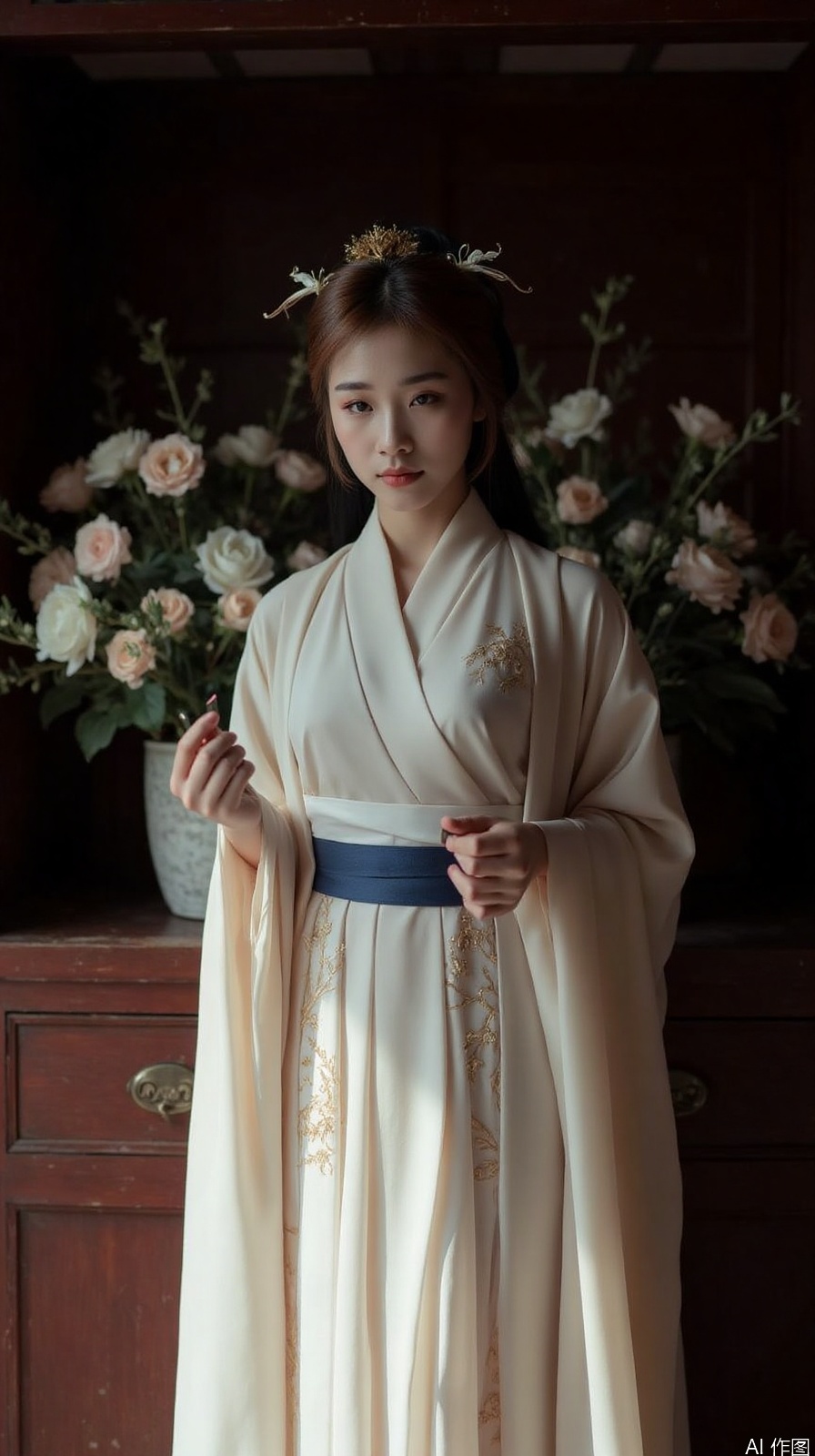 The image shows a young woman wearing a traditional Chinese Hanfu dress. She is standing in front of a wooden cabinet with a floral arrangement on top. The woman is wearing a long, flowing white robe with intricate gold embroidery and a blue sash tied around her waist. She has long black hair styled in a traditional updo with a gold headpiece. The headpiece is adorned with flowers and leaves, and the woman is holding a small fan in her hand. The background is dark, making the woman and the floral arrangement stand out. The overall mood of the image is elegant and regal.