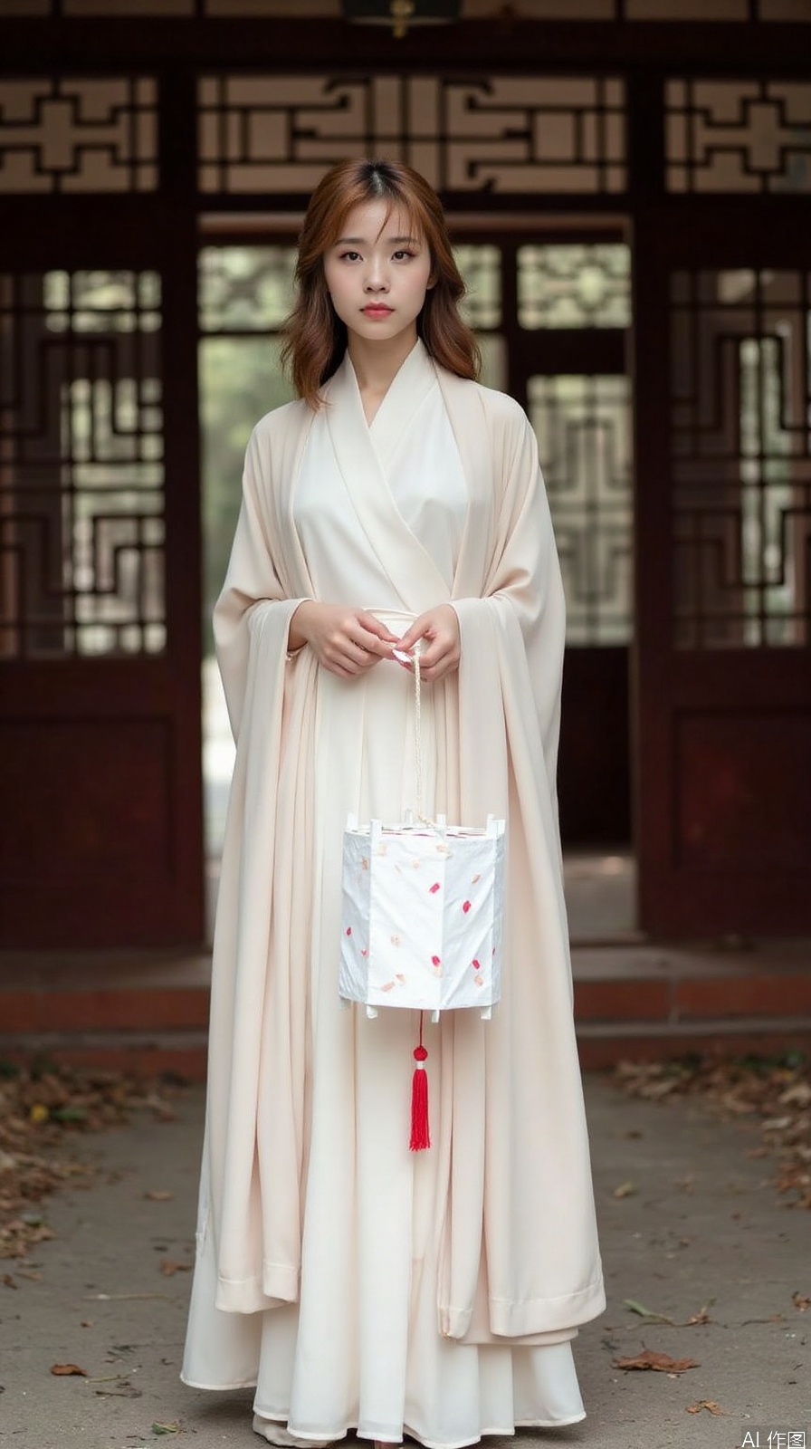 The image shows a young woman standing in front of a wooden door with a lattice pattern. She is wearing a long, flowing beige robe with a high neckline and long sleeves. The robe is draped over her shoulders and she is holding a small white lantern with red tassels hanging from it. The woman has shoulder-length brown hair styled in loose waves and is looking directly at the camera with a serious expression. The background is blurred, but it appears to be a park or garden with trees and fallen leaves on the ground. The overall mood of the image is peaceful and serene.