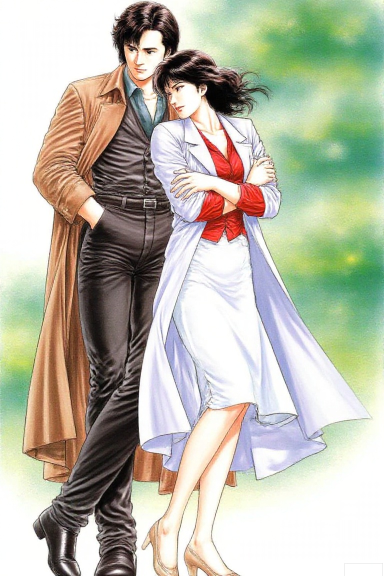 1girl, long hair, skirt, black hair, 1boy, hetero, coat, couple, hand in pocket, retro artstyle, trench coat