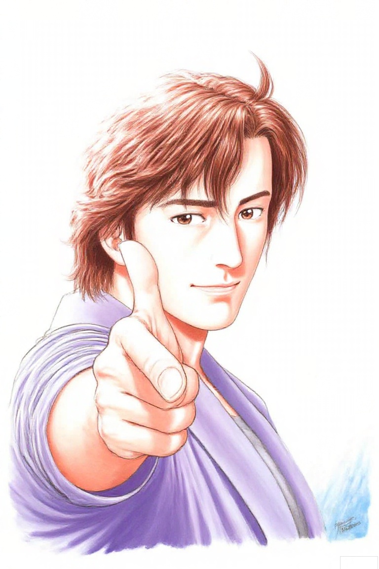 solo, looking at viewer, smile, brown hair, shirt, 1boy, white background, brown eyes, closed mouth, upper body, male focus, signature, traditional media, pointing, purple shirt, pointing at viewer