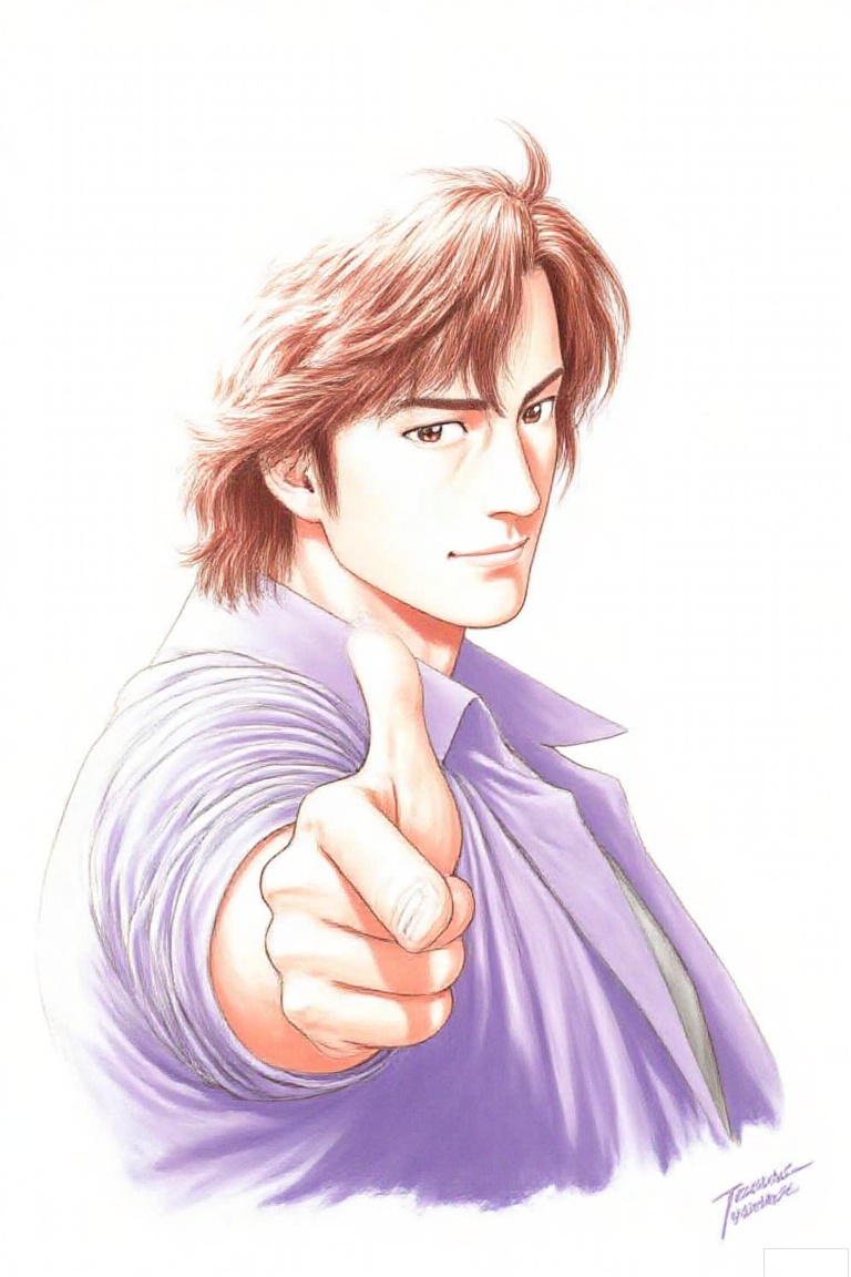 solo, looking at viewer, smile, brown hair, shirt, 1boy, white background, brown eyes, closed mouth, upper body, male focus, signature, traditional media, pointing, purple shirt, pointing at viewer