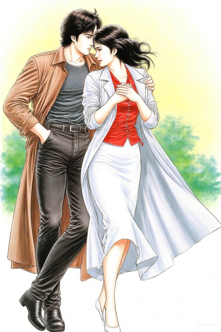 1girl, long hair, skirt, black hair, 1boy, hetero, coat, couple, hand in pocket, retro artstyle, trench coat