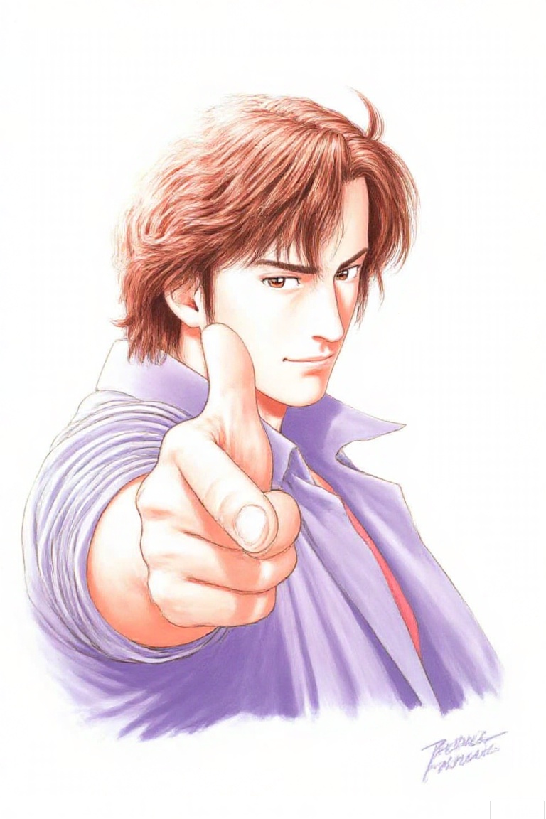 solo, looking at viewer, smile, brown hair, shirt, 1boy, white background, brown eyes, closed mouth, upper body, male focus, signature, traditional media, pointing, purple shirt, pointing at viewer