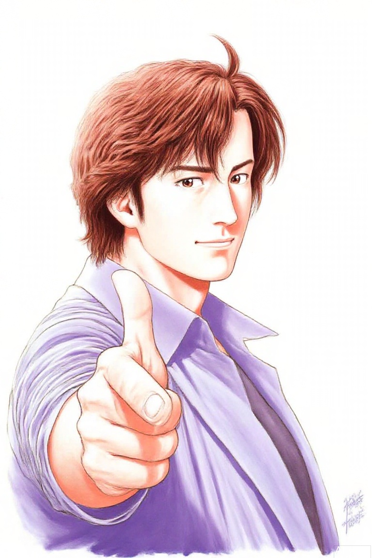 solo, looking at viewer, smile, brown hair, shirt, 1boy, white background, brown eyes, closed mouth, upper body, male focus, signature, traditional media, pointing, purple shirt, pointing at viewer