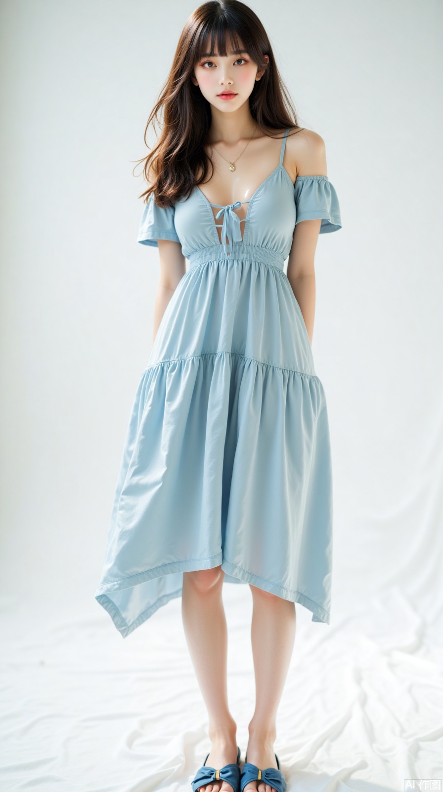 Photographed in the studio, beautiful photos, tall girls, delicate facial features, large wavy curly hair, casual and natural, light blue off-shoulder dress, irregular tailoring of the skirt. Bed with blue flat sandals. The sea breeze brings a romantic and comfortable feeling of seaside vacation, straight and long legs, looking at the camera, standing, posing, full-body photo, pure white minimalist background, low angle upward shot, center composition, shallow depth of field, side backlight, contour light, ethereal light, light and shadow contrast, realistic style, clear skin texture, clothes wrinkles and hair details processing, film grain, film aesthetics, light and shadow aesthetics, full atmosphere, high-end sense, 8K ultra-high definition, perfect quality, master-level works.