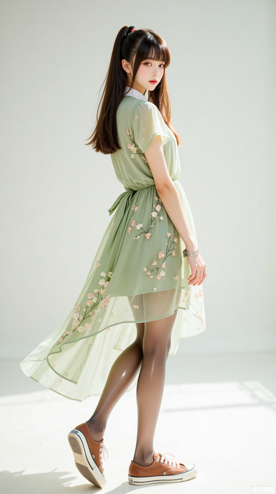 Photographed in the studio, beautiful photos, tall girls, delicate facial features, high ponytails, a light green floral chiffon dress, the hem of the skirt is light and flowing, covered with fresh little flowers. Pair it with light brown pantyhose and wear brown low-top canvas shoes. In the nature, you are like a forest elf, full of vitality and vitality, straight and long legs, looking at the camera, standing, posing, full-body photo, pure white minimalist background, low angle upward shot, center composition, shallow depth of field, side backlight, contour light, emanating, light and shadow contrast, realistic style, clear skin texture, clothes wrinkles and hair details processing, film grain, film aesthetics, light and shadow aesthetics, full atmosphere, high-end sense, 8K ultra-high definition, perfect quality, master-level works.