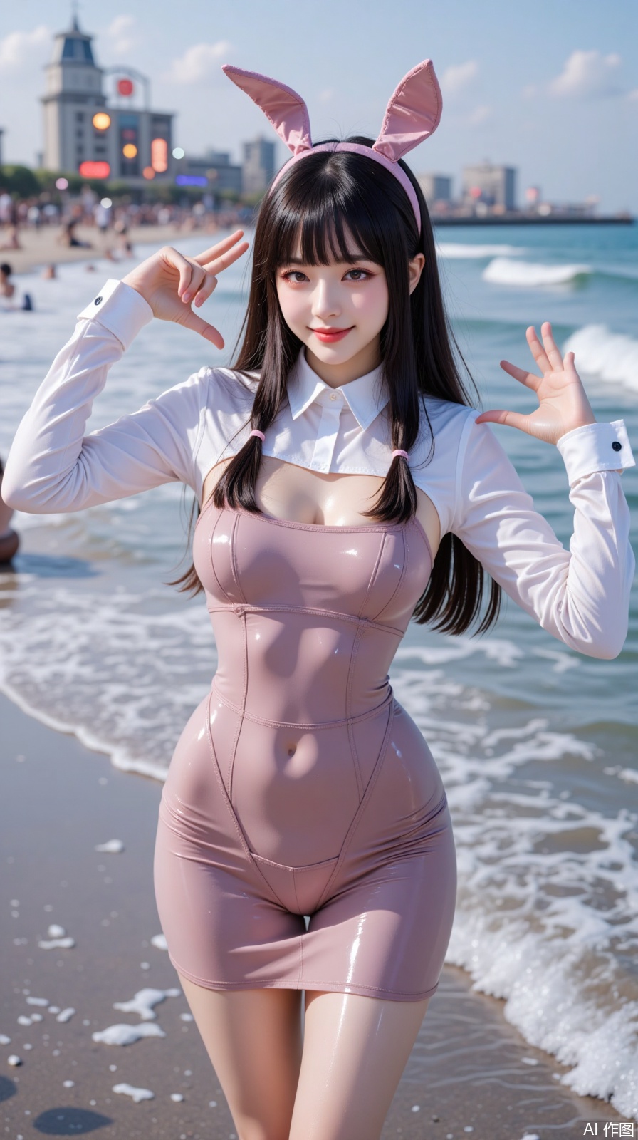 The characters stand by the sea, with waves and some tourists sitting on the beach in the background. She was wearing a tight dress of a certain color, and the overall look looked casual and fashionable. Her hair was black and tied into two small braids, adding a bit of cuteness and playfulness. She used her hands to make gestures, smiling, looking very happy and satisfied. You can see some blurry buildings and lights in the background, which may be a certain attraction or entertainment facility by the sea. The overall atmosphere looks relaxed and pleasant