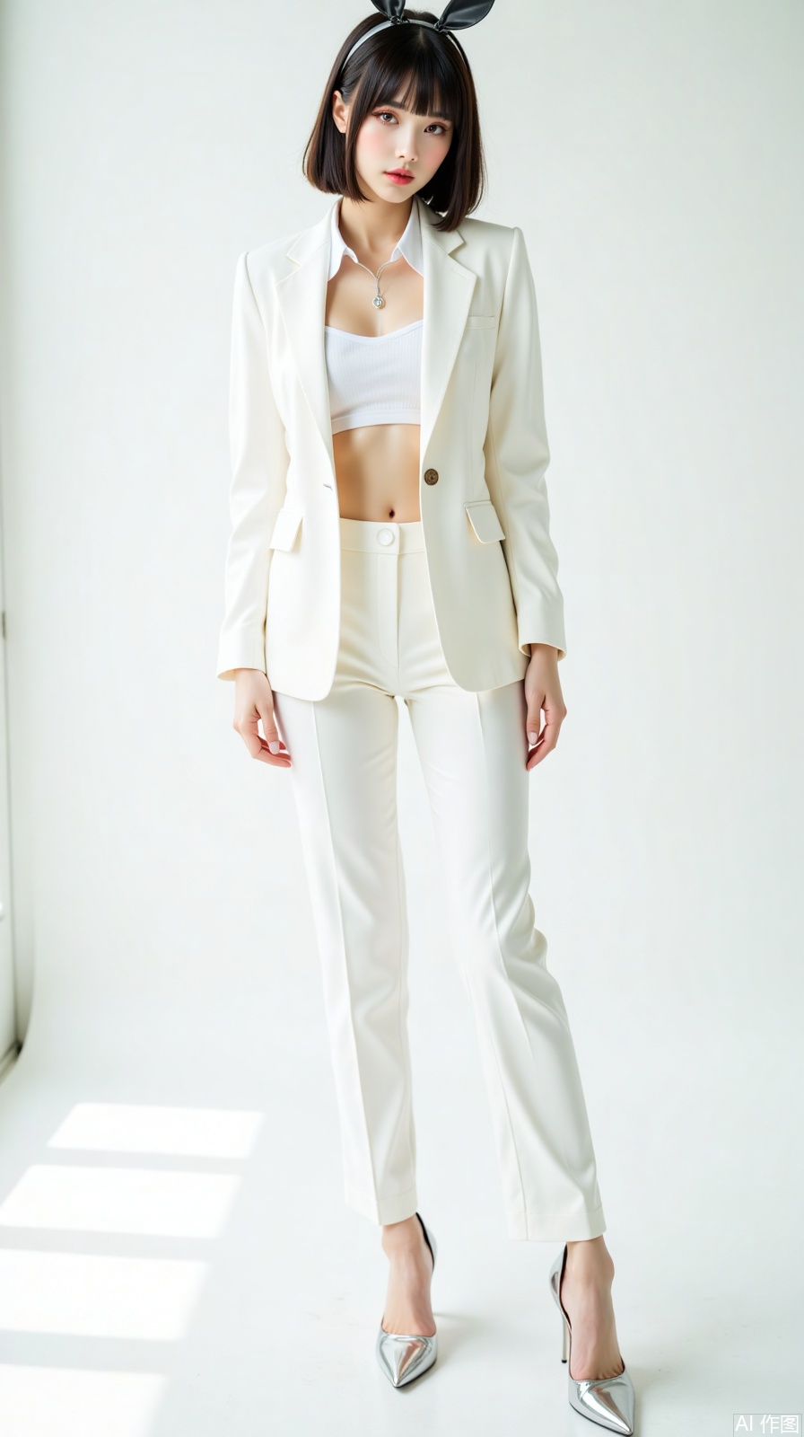 Photographed in studio, beautiful photos, tall girls, delicate facial features, short hair with ears, white short suit with straight trousers in the same color, simple and fashionable. Pair it with skin-colored pantyhose and silver stilettos. Exudes a fashionable and professional sense of business atmosphere, straight and long legs, looking at the camera, standing, posing, full-body photo, pure white minimalist background, low angle upward shooting, center composition, shallow depth of field, side backlight, contour light, ethereal light, light and shadow contrast, realistic style, clear skin texture, clothes wrinkles and hair details processing, film grain, film aesthetics, light and shadow aesthetics, full atmosphere, high-end sense, 8K ultra-high definition, perfect quality, master-level works.