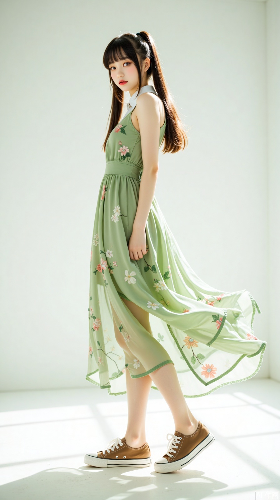 Photographed in the studio, beautiful photos, tall girls, delicate facial features, high ponytails, a light green floral chiffon dress, the hem of the skirt is light and flowing, covered with fresh little flowers. Pair it with light brown pantyhose and wear brown low-top canvas shoes. In the nature, you are like a forest elf, full of vitality and vitality, straight and long legs, looking at the camera, standing, posing, full-body photo, pure white minimalist background, low angle upward shot, center composition, shallow depth of field, side backlight, contour light, emanating, light and shadow contrast, realistic style, clear skin texture, clothes wrinkles and hair details processing, film grain, film aesthetics, light and shadow aesthetics, full atmosphere, high-end sense, 8K ultra-high definition, perfect quality, master-level works.