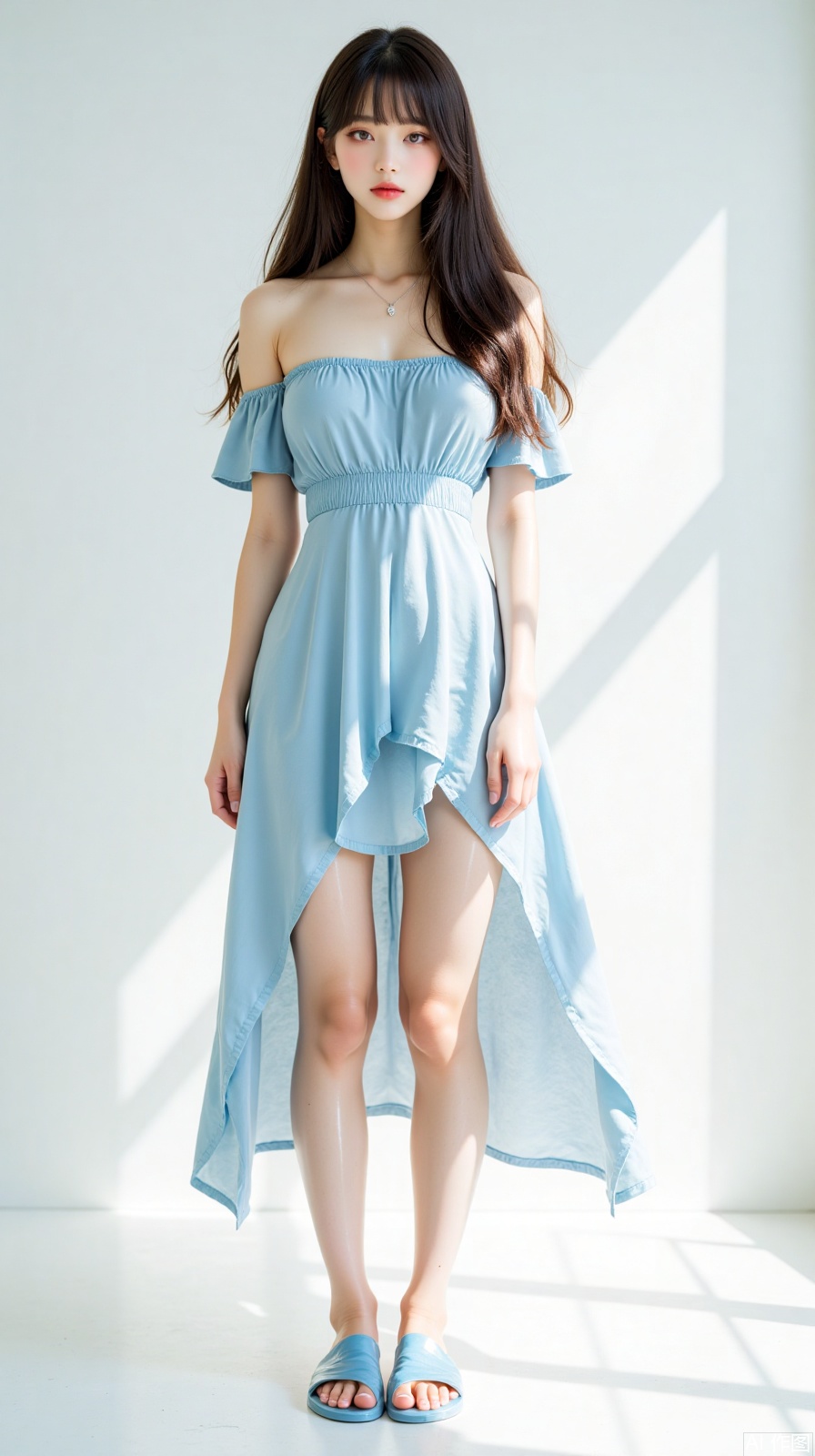 Photographed in the studio, beautiful photos, tall girls, delicate facial features, large wavy curly hair, casual and natural, light blue off-shoulder dress, irregular tailoring of the skirt. Bed with blue flat sandals. The sea breeze brings a romantic and comfortable feeling of seaside vacation, straight and long legs, looking at the camera, standing, posing, full-body photo, pure white minimalist background, low angle upward shot, center composition, shallow depth of field, side backlight, contour light, ethereal light, light and shadow contrast, realistic style, clear skin texture, clothes wrinkles and hair details processing, film grain, film aesthetics, light and shadow aesthetics, full atmosphere, high-end sense, 8K ultra-high definition, perfect quality, master-level works.