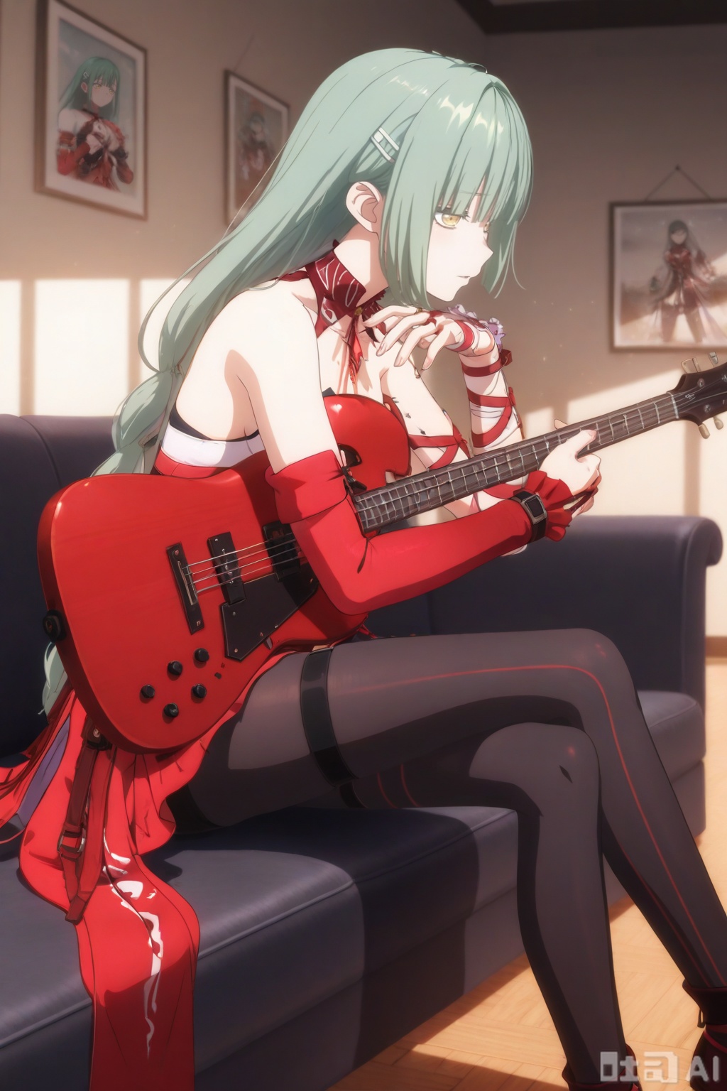 clothes: Phrolovadef red dress, black pantyhose, hair,bandages,asymmetrical detached sleeves,Wakaba Mutsumi,1girl,solo,long hair,green hair,bangs,yellow eyes,hair ornament,hairclip,wakaba mutsumi,sorrow,scenery,sitting,indoors,sitting on sofa,embracing a guitar with both hands,from side,
//,
master piece,best quality,ultra-detailed,detailed pupils,photography,high quality,top CG rendering,highest quality,ultra-clear,ultra-detailed,Official Art,Extremely Detailed CG,8k Wallpapers,good figure,HD,game CG, CG,good_hands