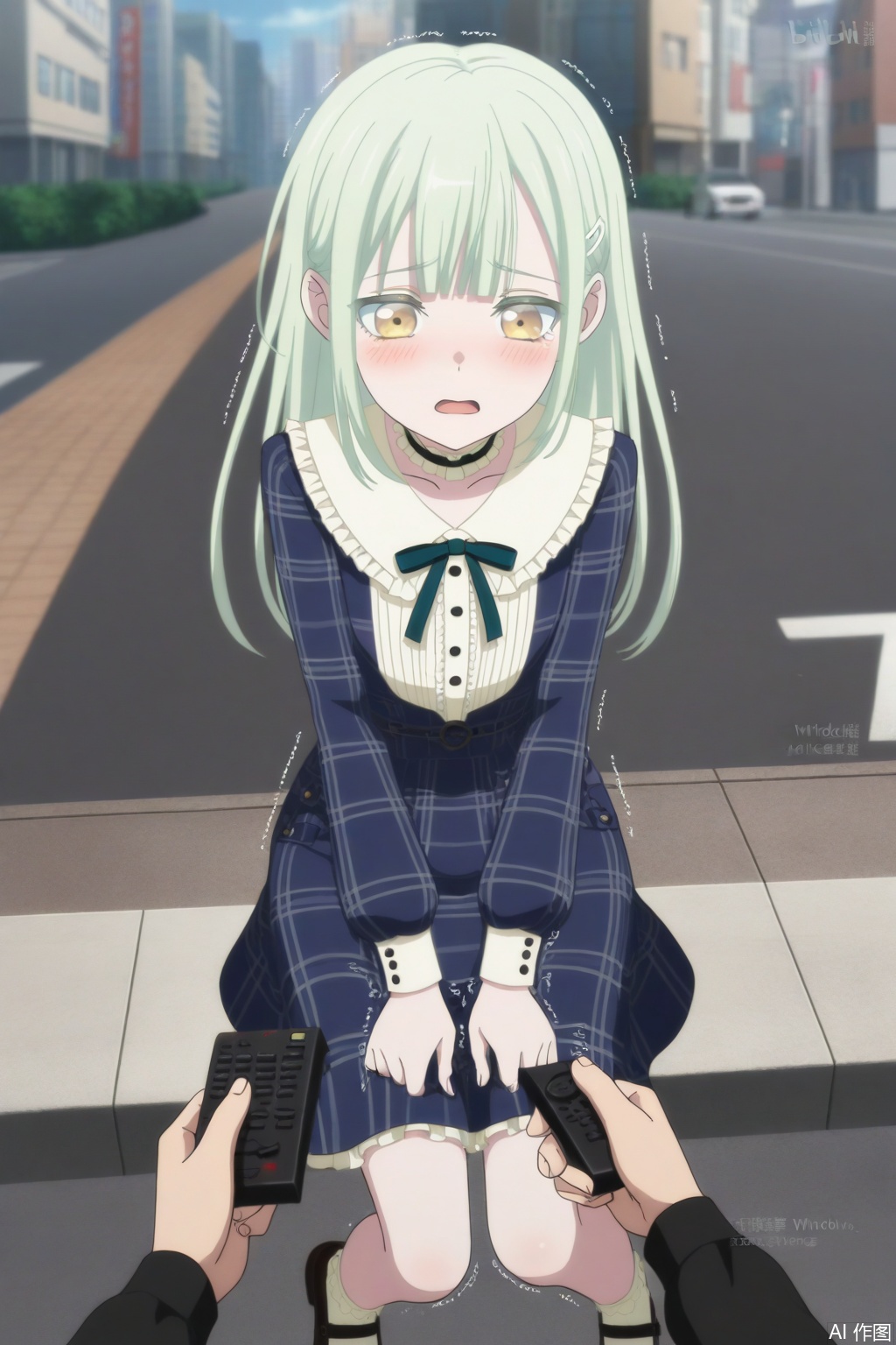 masterpiece,best quality,amazing quality,very aesthetic,absurdres,newest,anime_screencap,anime coloring,
//,
Wakaba Mutsumi,1girl,long hair,green hair,bangs,blunt bangs,yellow eyes,hair ornament,hairclip,shirt,long sleeves,long sleeves,dress,bow,ribbon,choker,plaid,neck ribbon,blue dress,plaid dress,skirt,wakaba mutsumi,confused,open mouth,head titled,blush,shy,trembling,outdoors,sitting on edge,hands grabbing skirt,shoes,white socks,
//,
1boy,remote controller, remote control, holding, pov,street, road, city,