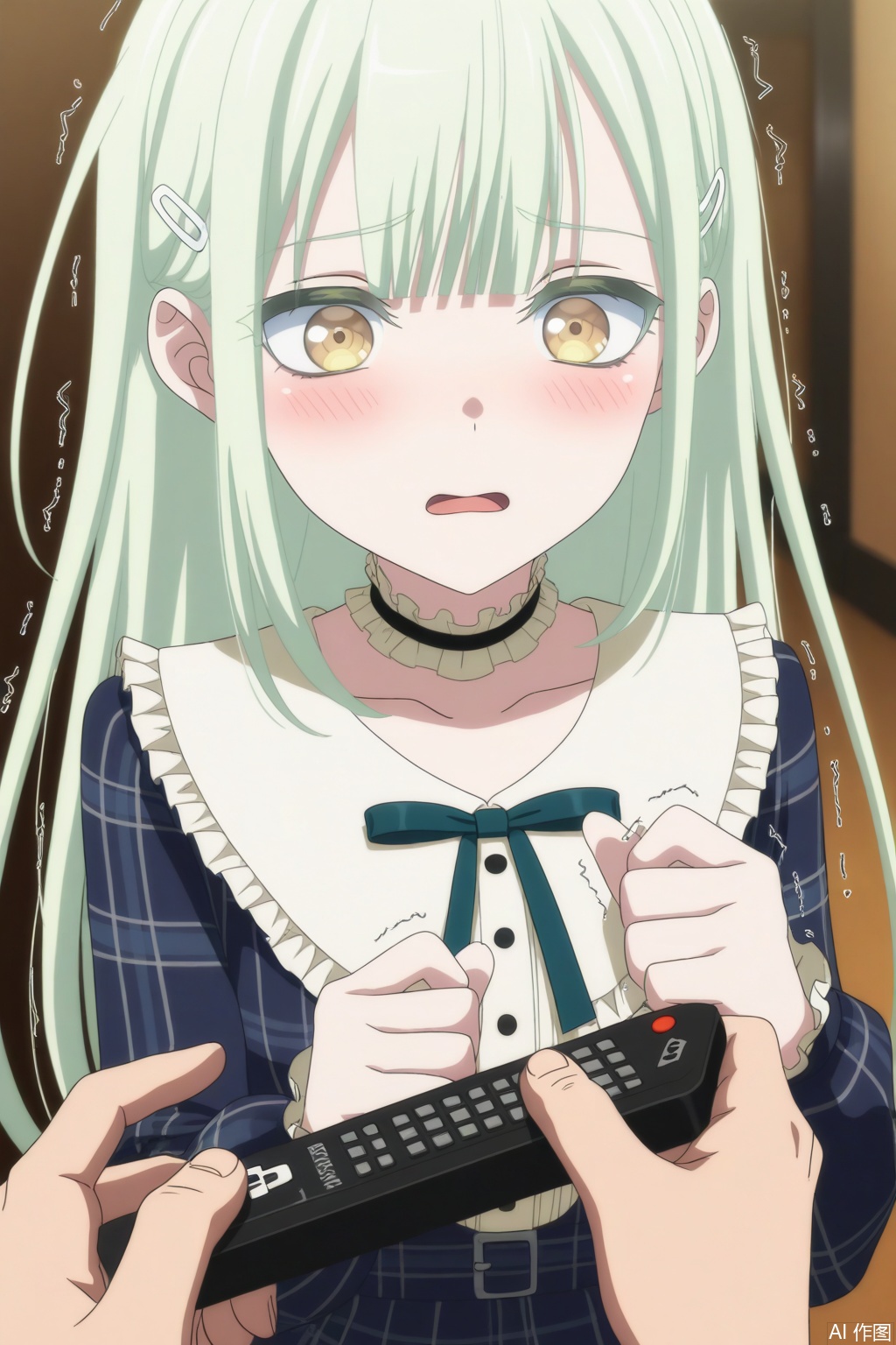 masterpiece,best quality,amazing quality,very aesthetic,absurdres,newest,anime_screencap,anime coloring,
//,
Wakaba Mutsumi,1girl,long hair,green hair,bangs,blunt bangs,yellow eyes,hair ornament,hairclip,shirt,long sleeves,long sleeves,dress,bow,ribbon,choker,plaid,neck ribbon,blue dress,plaid dress,upper body,wakaba mutsumi,confused,open mouth,head titled,blush,shy,trembling,
//,
1boy,pov hand, holding the remote switch