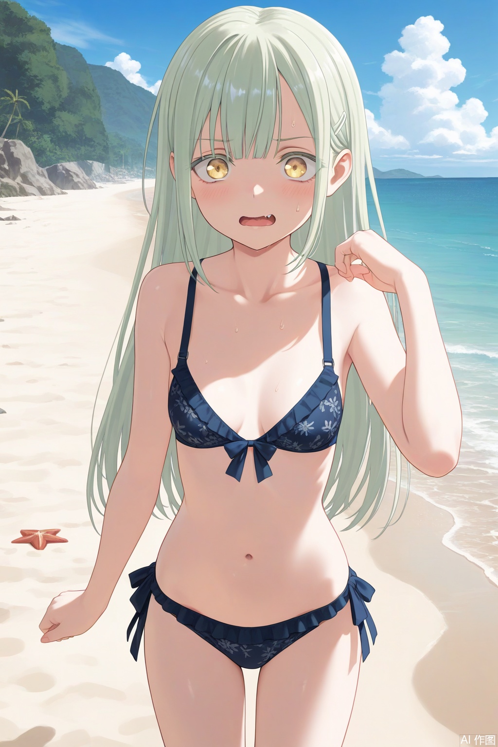 Wakaba Mutsumi,1girl,solo,long hair,green hair,bangs,yellow eyes,hair ornament,hairclip,wakaba mutsumi,outdoors,blue sky,small breasts,bra,underwear,bikini,bow,ribbon,sharp face,beach,sands,
,masterpiece,best quality,amazing quality,pixiv masterpiece, intricate details, FSWsource_anime,score_9, score_8_up, score_7_up, details,score_6_up,intricate details, cover art,cowboy shot,