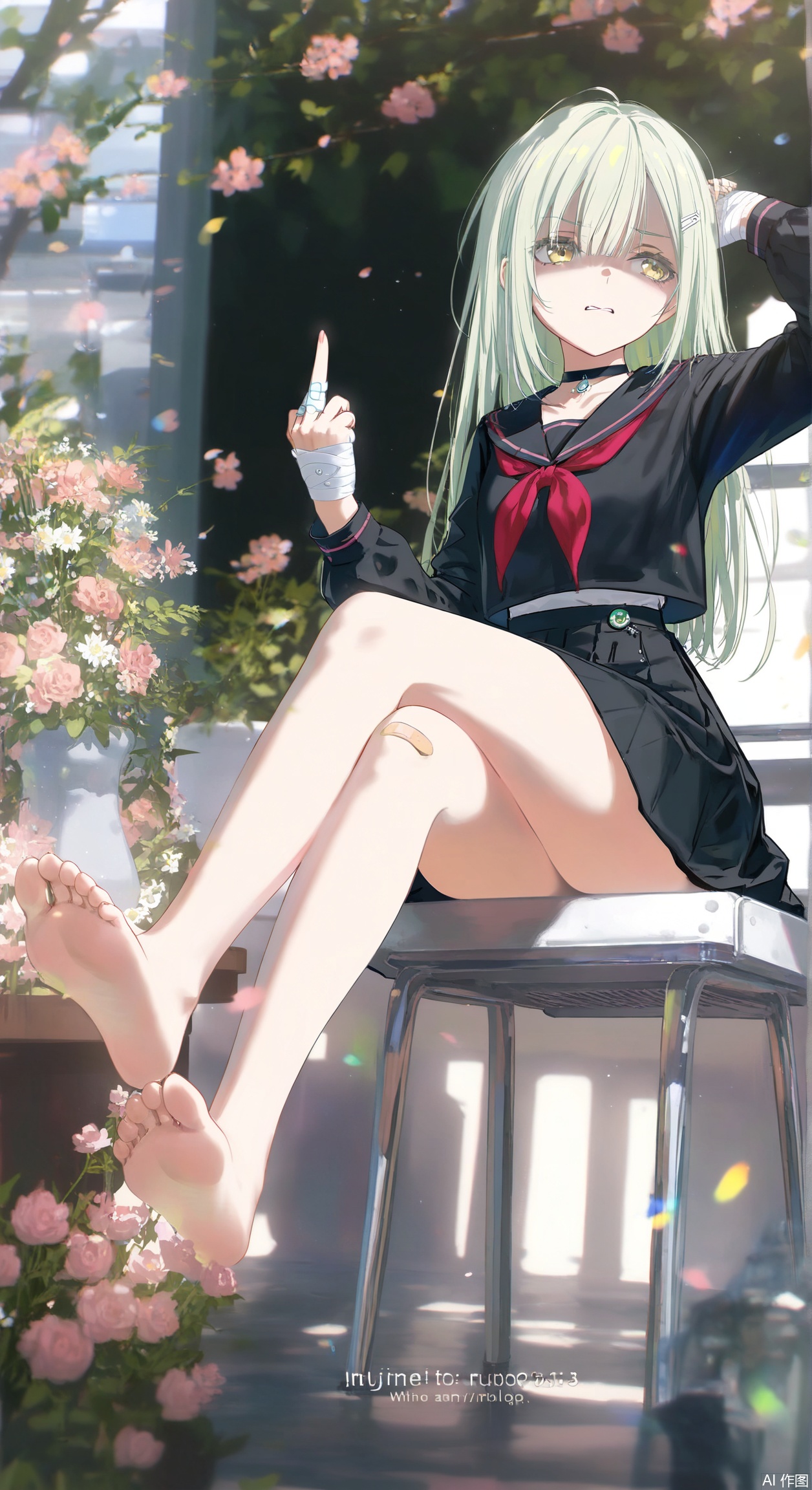  Wakaba Mutsumi,1girl,solo,long hair,green hair,bangs,yellow eyes,hair ornament,hairclip, pleated skirt, serafuku, choker,black skirt, sailor collar, neckerchief, black choker, bandages, eyes visible through hair, bandaid, red neckerchief, black serafuku, bandaged leg, bandaid on leg, bandaged hand,shaded face, middle finger, disgust,barefoot,soles,foot focus,5toes,crossed_legs_(sitting),
, (wlop:0.8),((artist:reoen),(artist:fuzichoco),(artist:atdan),(artist:torino_aqua),year 2024:0.8),[artist:wlop],[artist:ningen_mame],artist:ciloranko,[[artist:rhasta]],artist:tidsean,colorful,best quality,very aesthetic,absurdres,32K UHD,sharp focus,best-quality,Emotionalization,temperate atmosphere,with a high-end texture,in the style of fashion photography,Dynamic, dynamic force picture, (Visual impact:1.2),impactful picture,offcial art,
