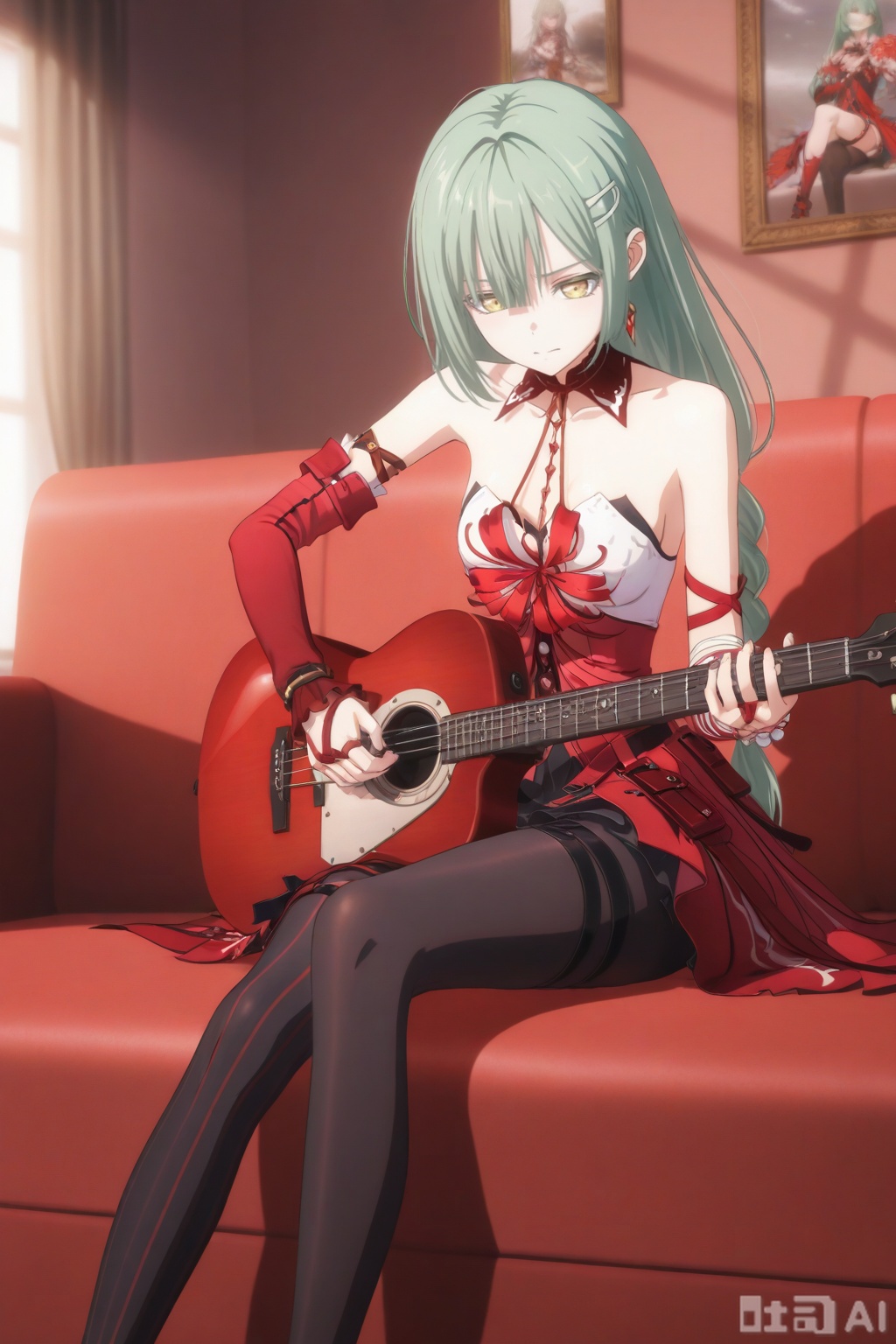 clothes: Phrolovadef red dress, black pantyhose, hair,bandages,asymmetrical detached sleeves,Wakaba Mutsumi,1girl,solo,long hair,green hair,bangs,yellow eyes,hair ornament,hairclip,wakaba mutsumi,sorrow,scenery,sitting,indoors,sitting on sofa,playing guitar,
//,
master piece,best quality,ultra-detailed,detailed pupils,photography,high quality,top CG rendering,highest quality,ultra-clear,ultra-detailed,Official Art,Extremely Detailed CG,8k Wallpapers,good figure,HD,game CG, CG,good_hands