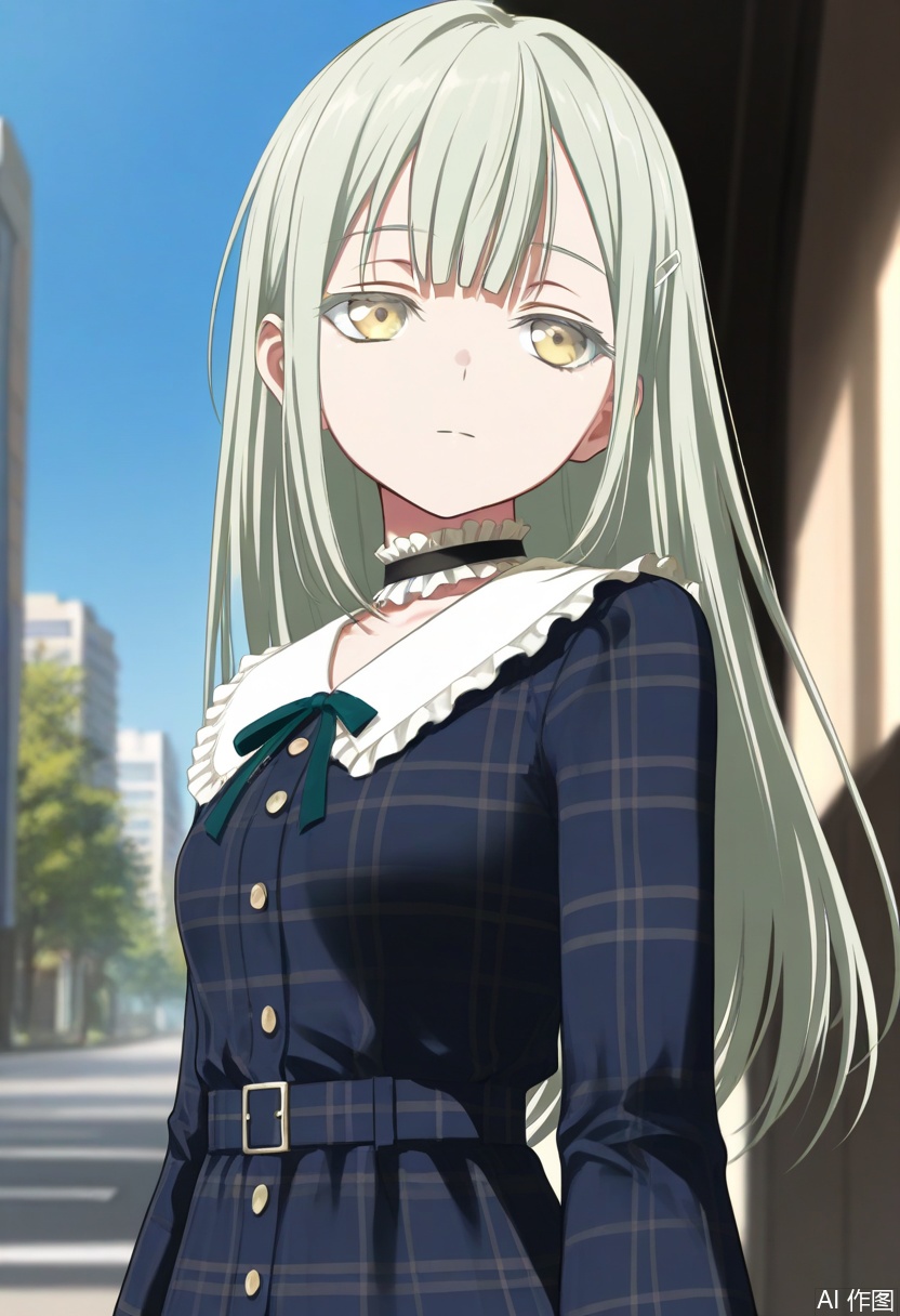 Wakaba Mutsumi,1girl,solo,long hair,green hair,bangs,yellow eyes,hair ornament,hairclip,wakaba mutsumi,on street,outdoors,blue sky,facing viewer,expressionless,small breasts,shirt,long sleeves,long sleeves,dress,bow,ribbon,choker,plaid,neck ribbon,blue dress,plaid dress,
,masterpiece,best quality,amazing quality,pixiv masterpiece, intricate details, FSWsource_anime,score_9, score_8_up, score_7_up, details,score_6_up,intricate details, cover art