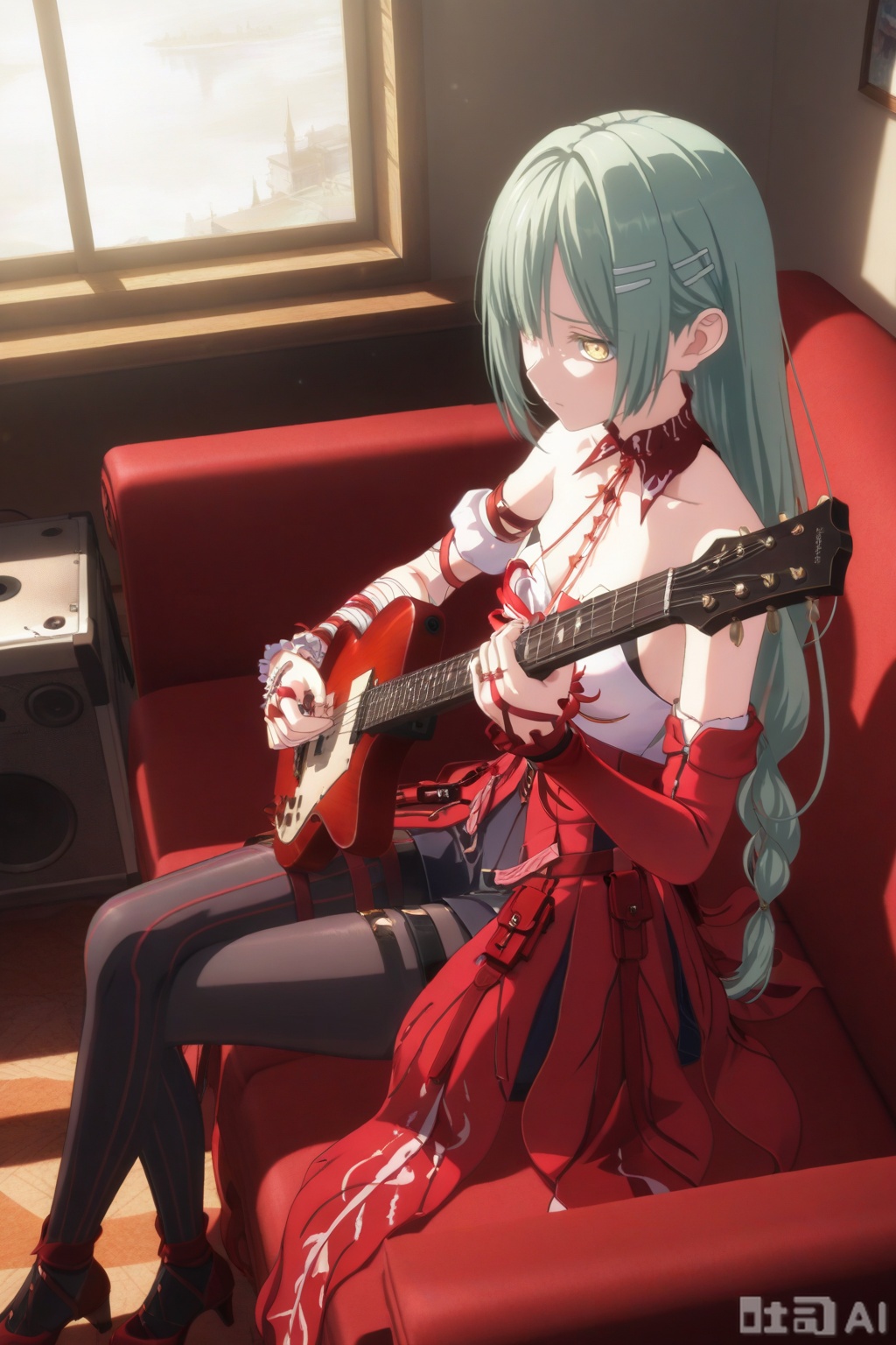 clothes: Phrolovadef red dress, black pantyhose, hair,bandages,asymmetrical detached sleeves,Wakaba Mutsumi,1girl,solo,long hair,green hair,bangs,yellow eyes,hair ornament,hairclip,wakaba mutsumi,sorrow,scenery,sitting,indoors,sitting on sofa,playing guitar,from above,
//,
master piece,best quality,ultra-detailed,detailed pupils,photography,high quality,top CG rendering,highest quality,ultra-clear,ultra-detailed,Official Art,Extremely Detailed CG,8k Wallpapers,good figure,HD,game CG, CG,good_hands