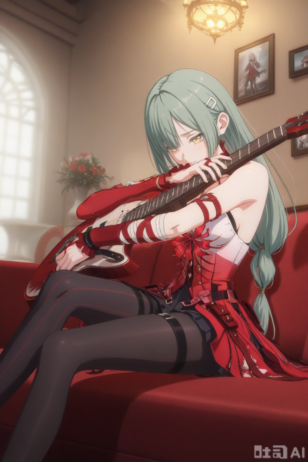 clothes: Phrolovadef red dress, black pantyhose, hair,bandages,asymmetrical detached sleeves,Wakaba Mutsumi,1girl,solo,long hair,green hair,bangs,yellow eyes,hair ornament,hairclip,wakaba mutsumi,sorrow,scenery,sitting,indoors,sitting on sofa,embracing a guitar with both hands,
//,
master piece,best quality,ultra-detailed,detailed pupils,photography,high quality,top CG rendering,highest quality,ultra-clear,ultra-detailed,Official Art,Extremely Detailed CG,8k Wallpapers,good figure,HD,game CG, CG,good_hands