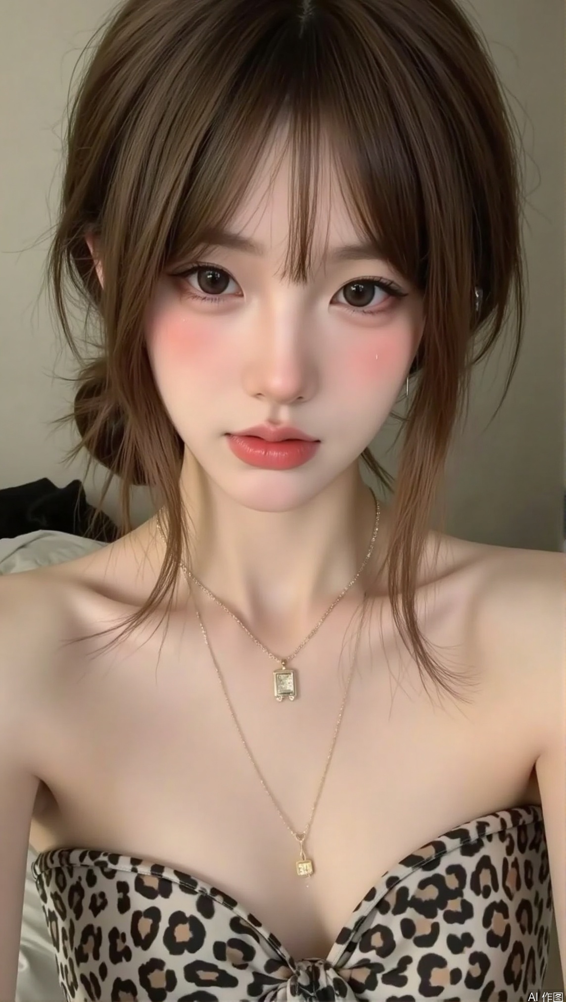 1girl, solo, looking at viewer, brown hair, bare shoulders, jewelry, upper body, earrings, parted lips, necklace, hair bun, black eyes, lips, animal print, realistic