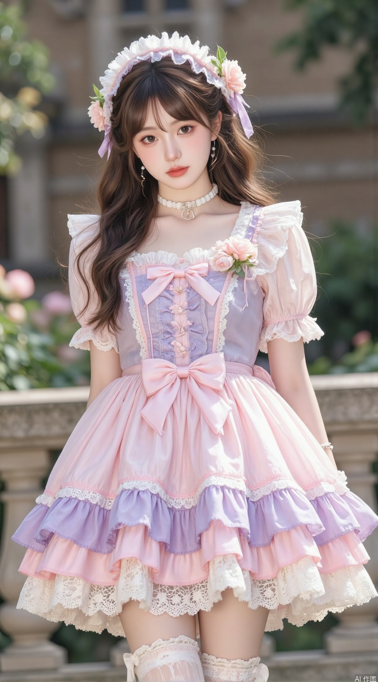 1girl, solo, long hair, looking at viewer, bangs, brown hair, black hair, hair ornament, thighhighs, dress, brown eyes, jewelry, standing, short sleeves, earrings, outdoors, frills, parted lips, choker, hair flower, necklace, white thighhighs, frilled dress, pink dress, purple dress, lolita fashion, realistic