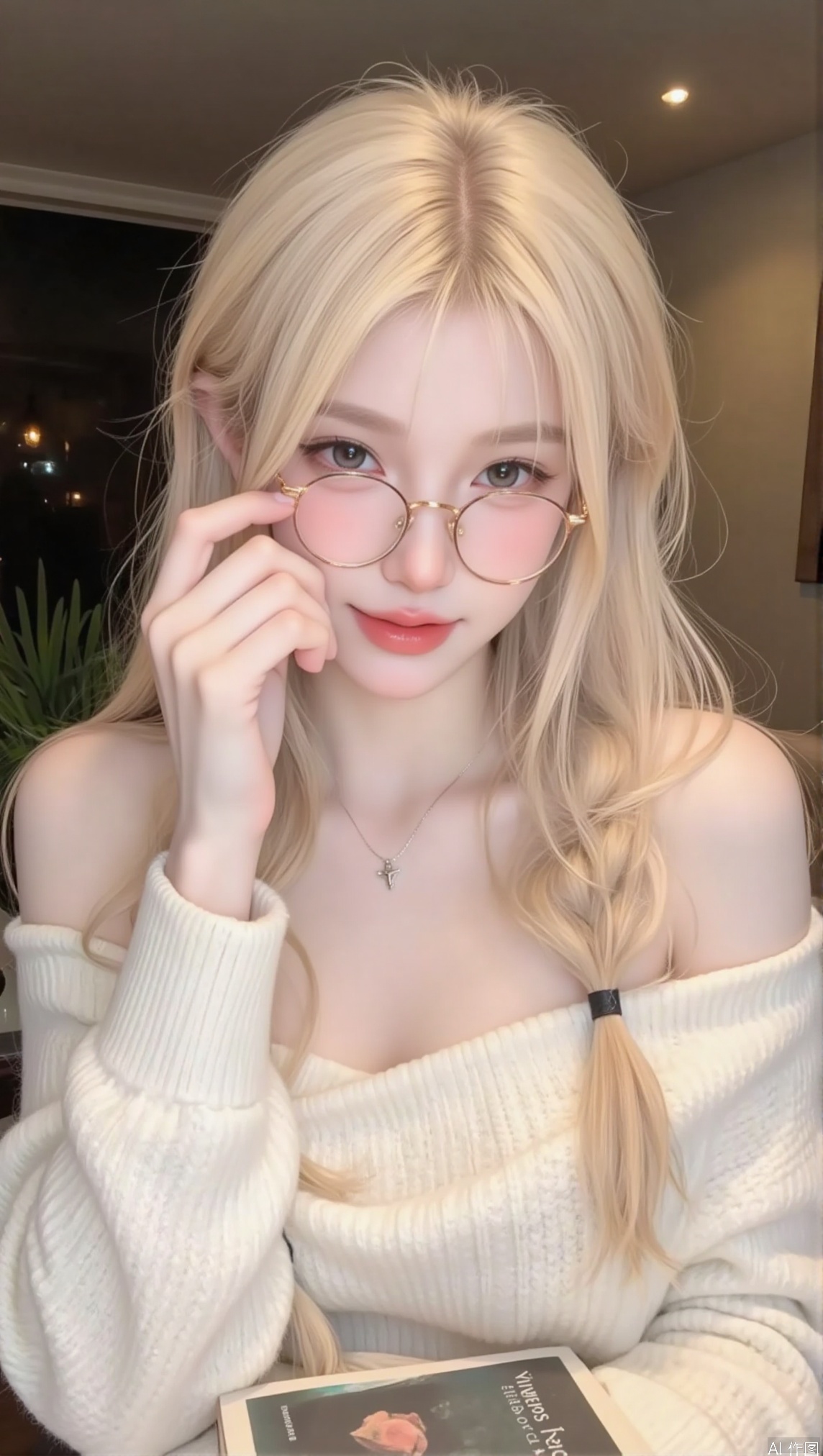 1girl, solo, long hair, breasts, looking at viewer, smile, blonde hair, cleavage, bare shoulders, upper body, ponytail, multicolored hair, glasses, indoors, off shoulder, sweater, lips, book, plant, realistic, round eyewear, adjusting eyewear, white sweater