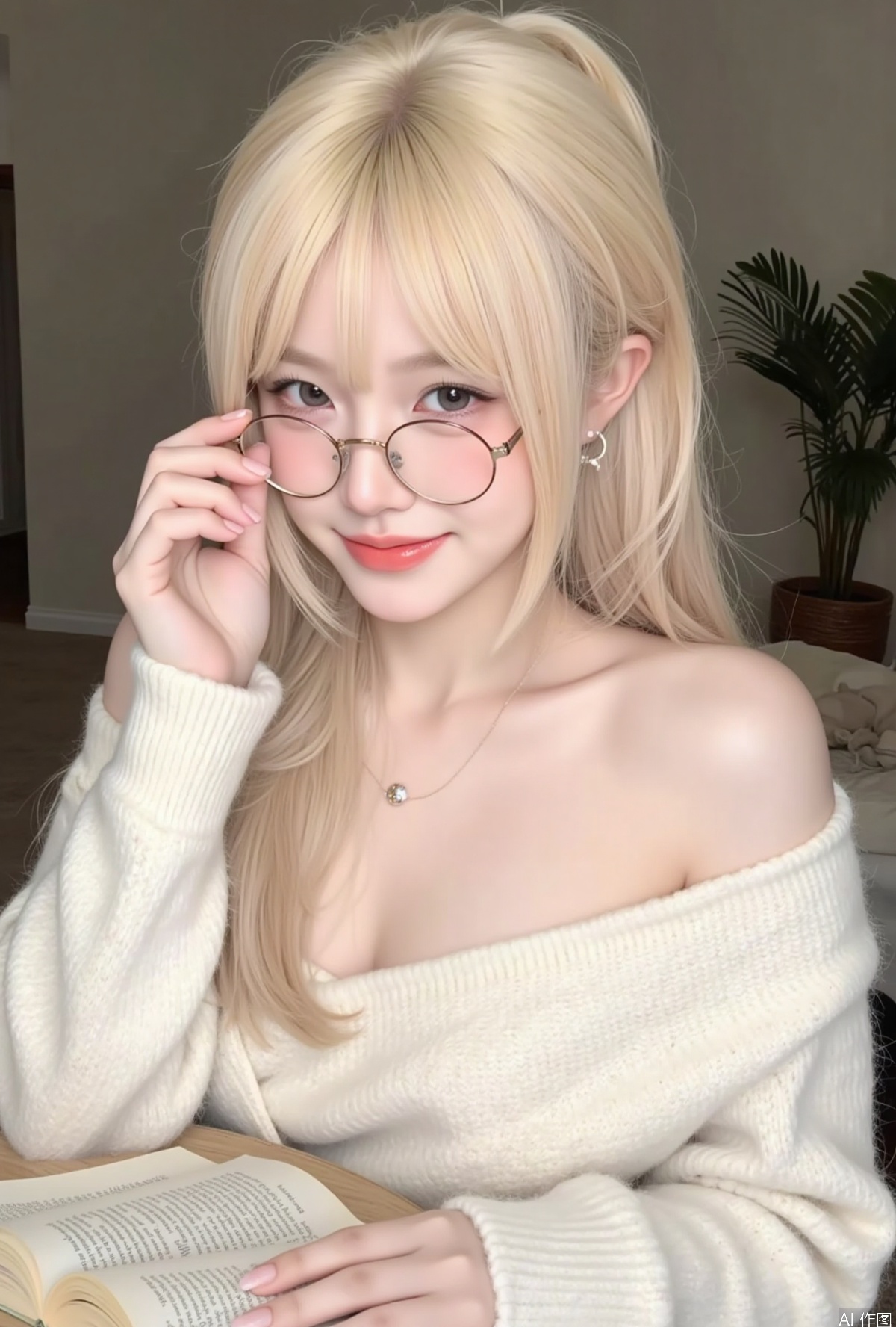 1girl, solo, long hair, breasts, looking at viewer, smile, blonde hair, cleavage, bare shoulders, upper body, ponytail, multicolored hair, glasses, indoors, off shoulder, sweater, lips, book, plant, realistic, round eyewear, adjusting eyewear, white sweater