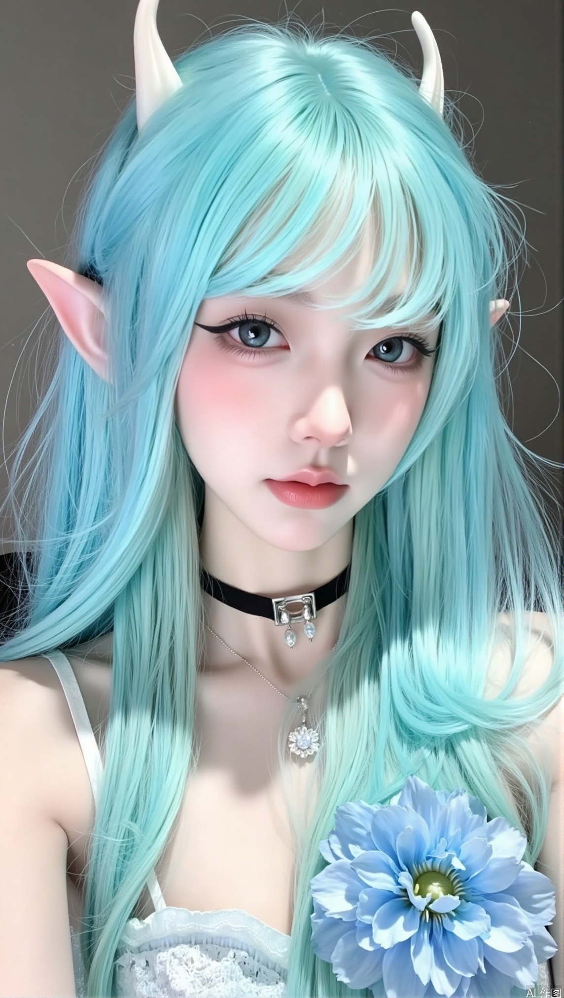 1girl, solo, long hair, looking at viewer, bangs, blue eyes, bare shoulders, jewelry, closed mouth, blue hair, upper body, flower, choker, pointy ears, necklace, lips, aqua hair, watermark, elf, portrait, blue flower, realistic