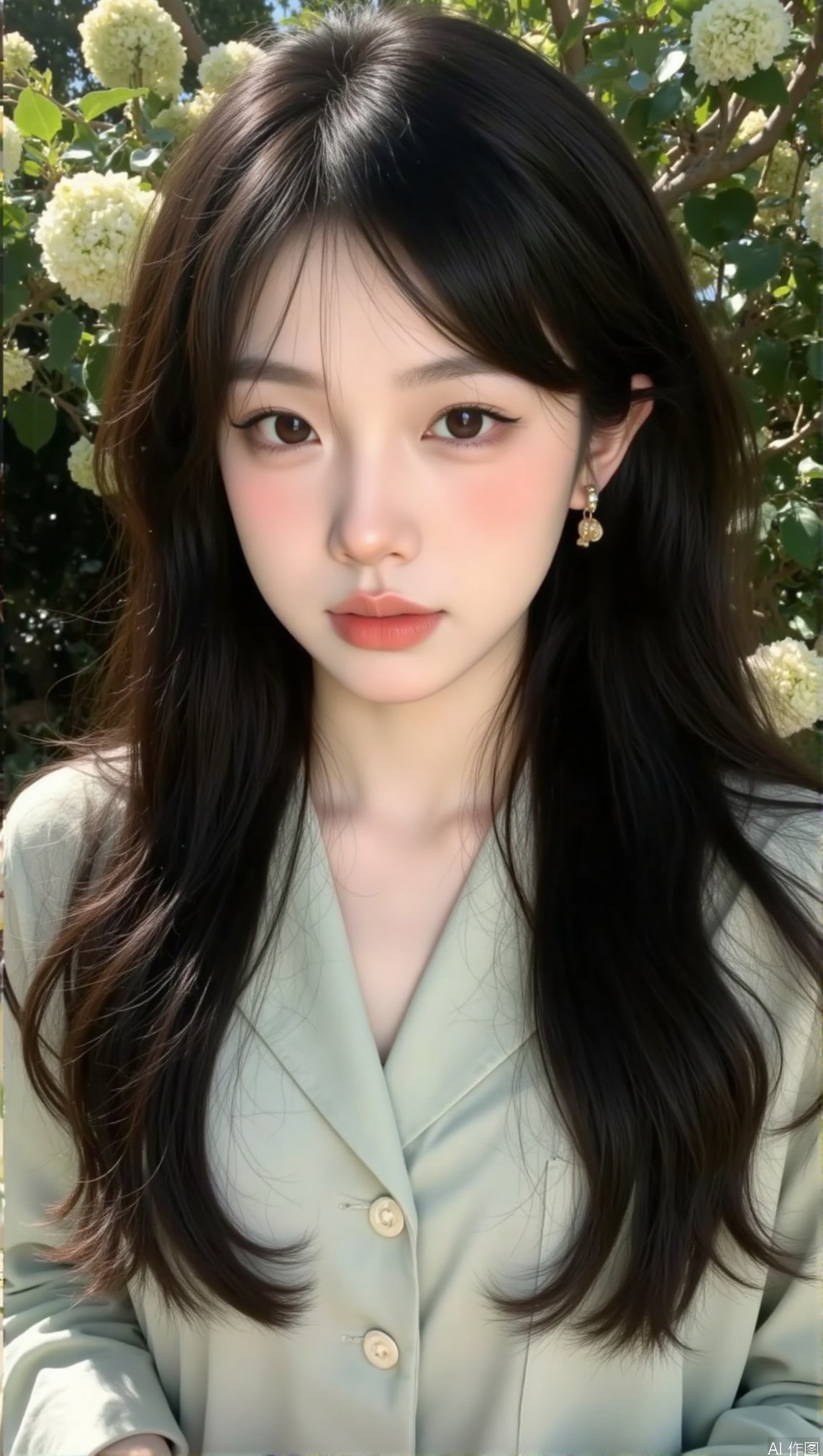 1girl, solo, long hair, looking at viewer, shirt, black hair, brown eyes, jewelry, flower, earrings, outdoors, parted lips, black eyes, tree, lips, portrait, realistic