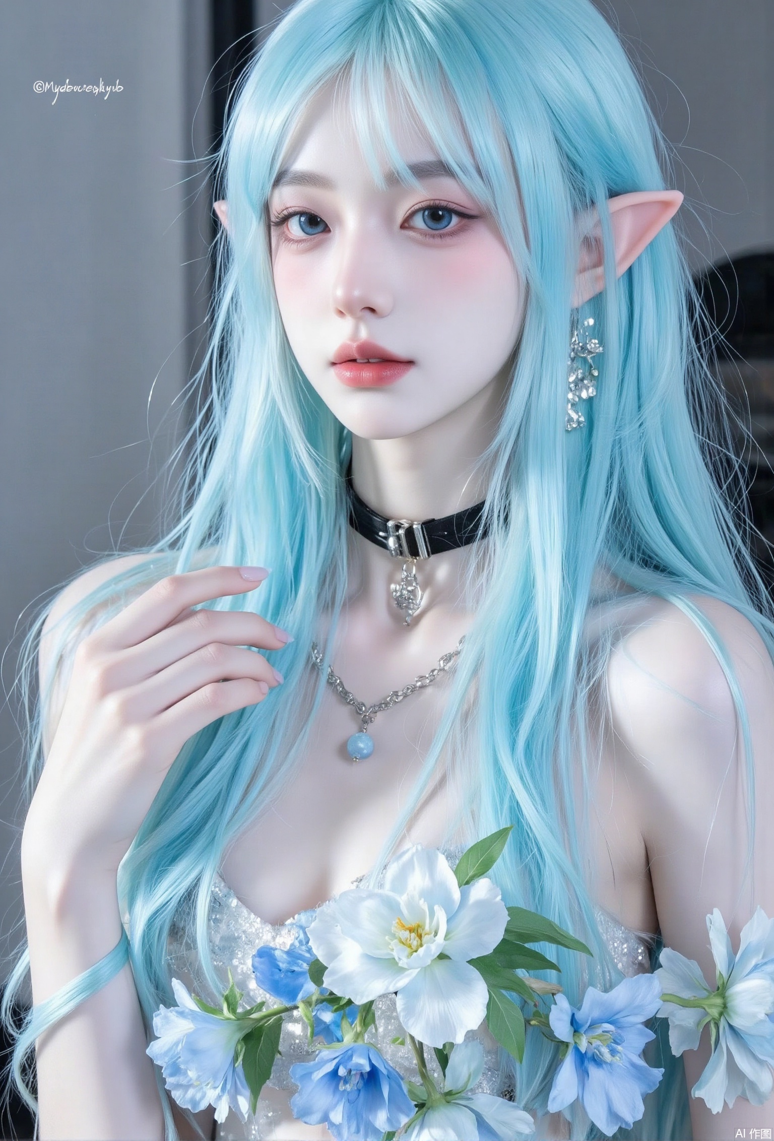 1girl, solo, long hair, looking at viewer, bangs, blue eyes, bare shoulders, jewelry, closed mouth, blue hair, upper body, flower, choker, pointy ears, necklace, lips, aqua hair, watermark, elf, portrait, blue flower, realistic