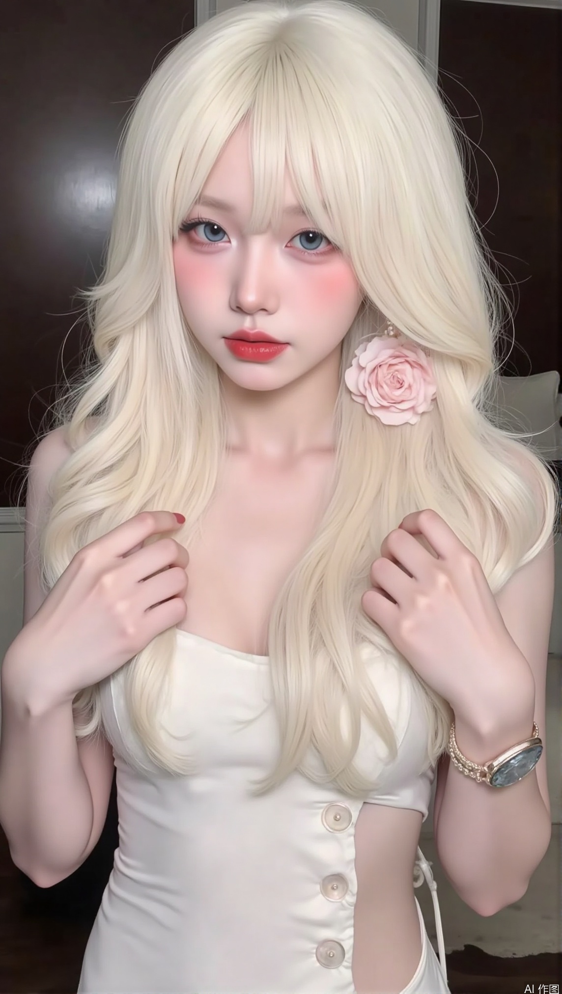 1girl, solo, long hair, breasts, looking at viewer, blue eyes, hair ornament, dress, holding, bare shoulders, jewelry, medium breasts, closed mouth, upper body, white hair, earrings, sleeveless, lips, fingernails, hands up, makeup, sleeveless dress, armlet, side slit, red lips