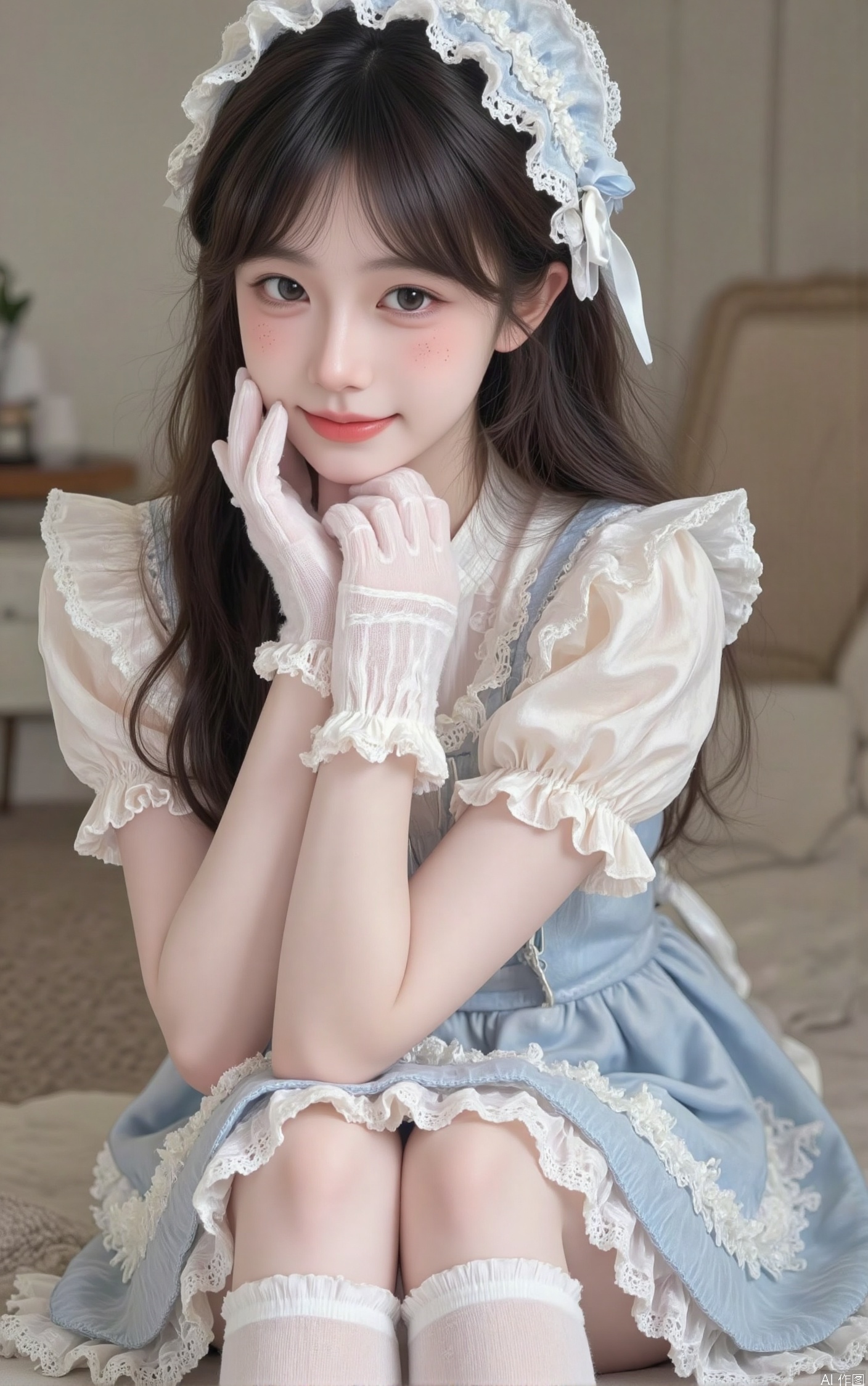 1girl, solo, long hair, looking at viewer, smile, bangs, black hair, hair ornament, gloves, dress, sitting, closed mouth, short sleeves, frills, socks, puffy sleeves, indoors, white gloves, blurry, puffy short sleeves, lips, head tilt, blurry background, blue dress, white socks, freckles, realistic, bonnet
