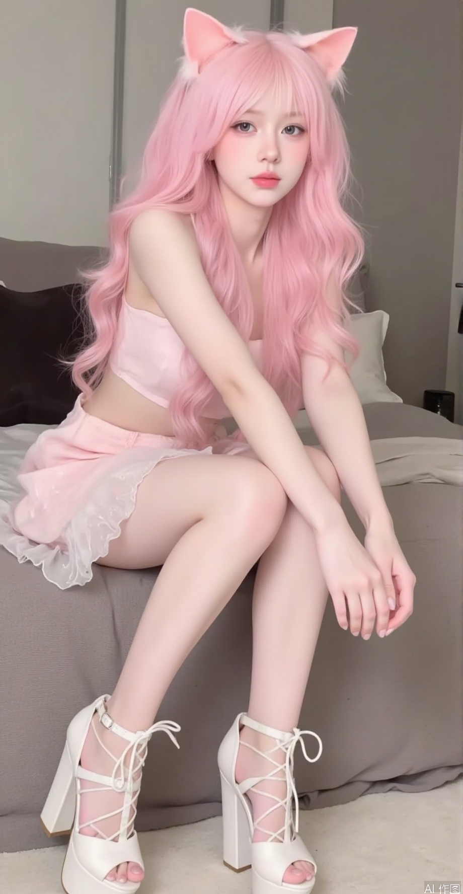 1girl,solo,long hair,Light pink curly long hair, whole body, long legs, white high heels, cat ears, sitting posture, bare legs,
