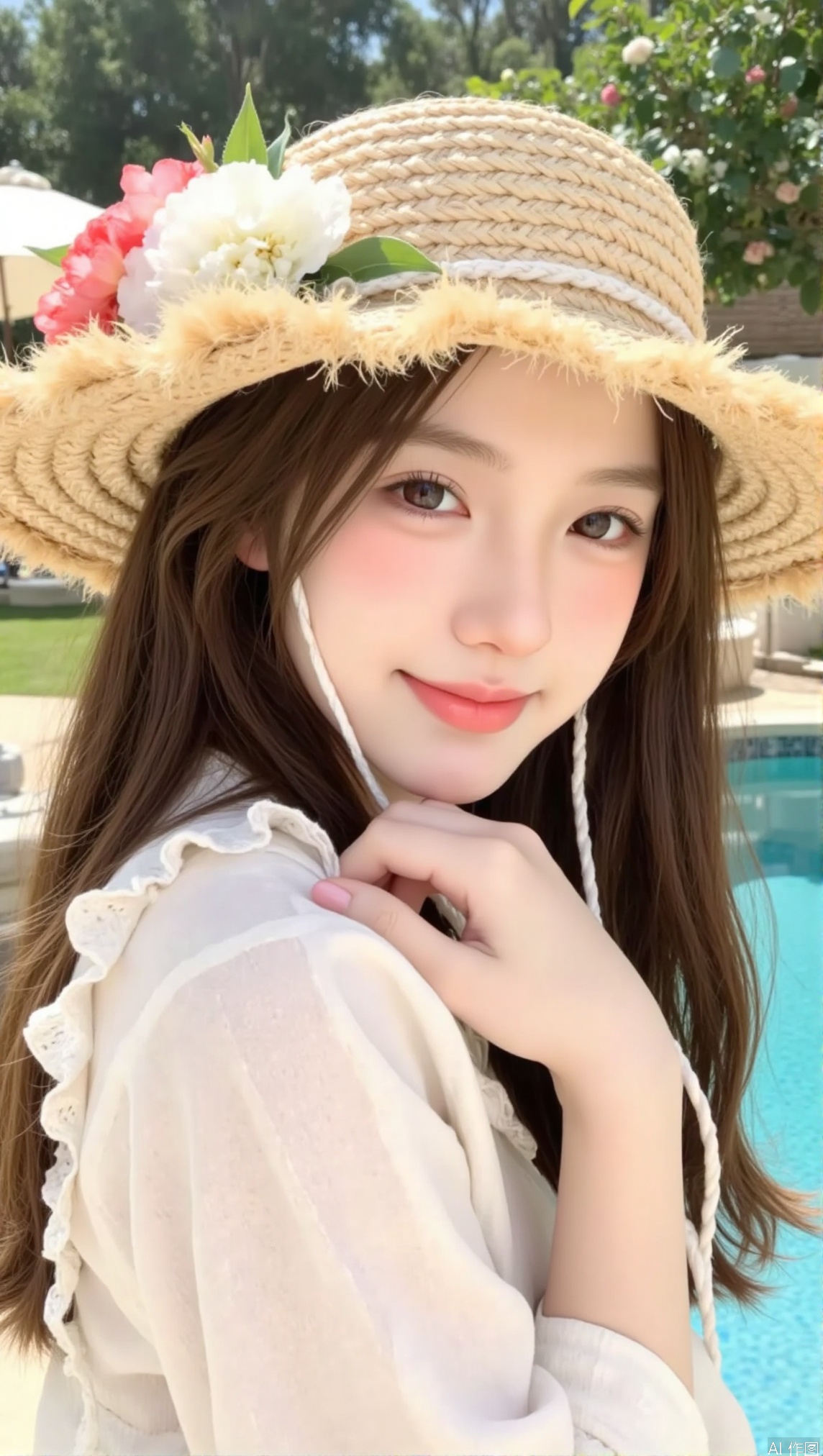 1girl, solo, long hair, smile, brown hair, hat, brown eyes, flower, realistic, straw hat