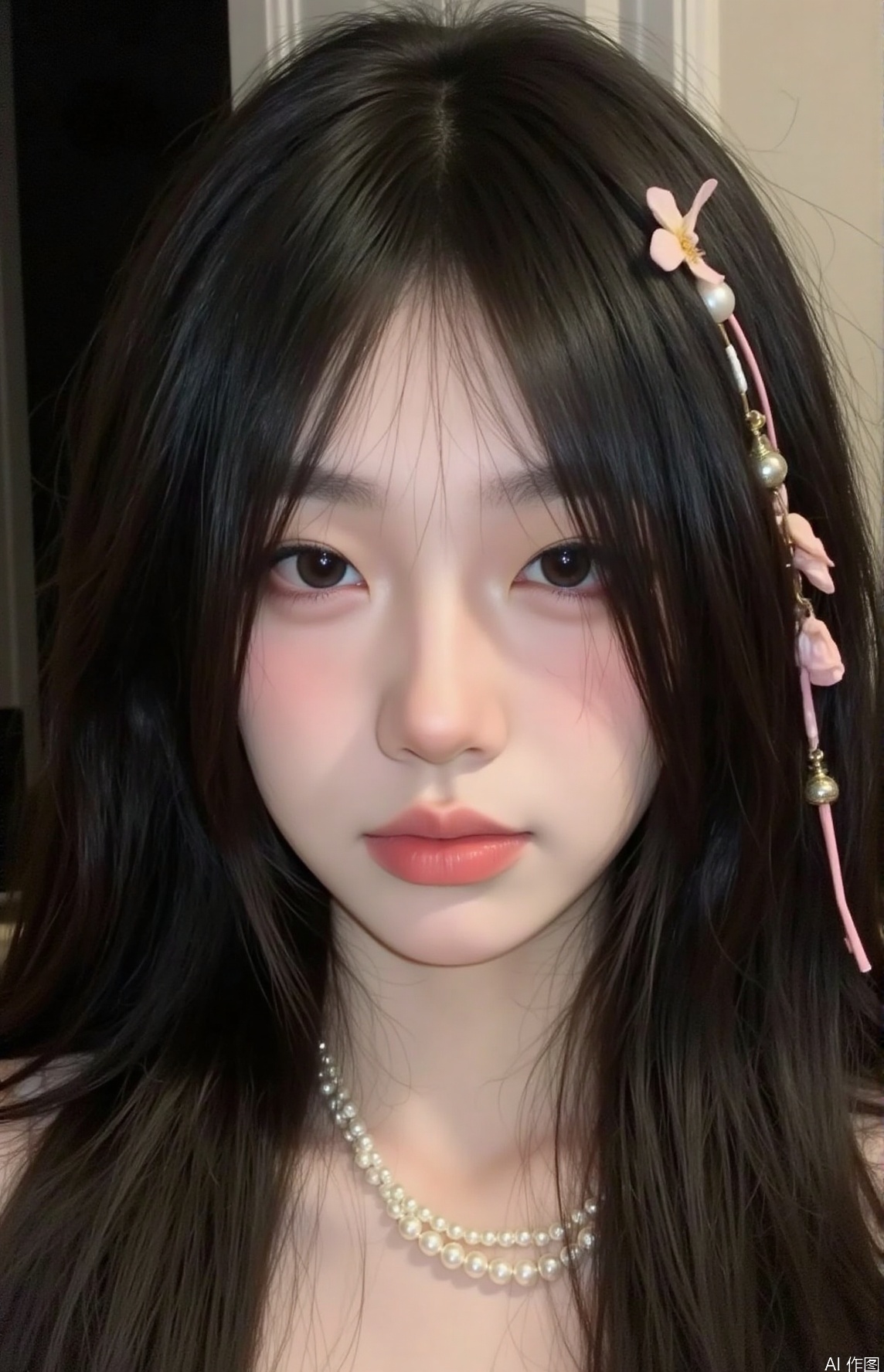 1girl, solo, long hair, looking at viewer, black hair, hair ornament, jewelry, closed mouth, necklace, black eyes, lips, portrait, realistic, pearl necklace