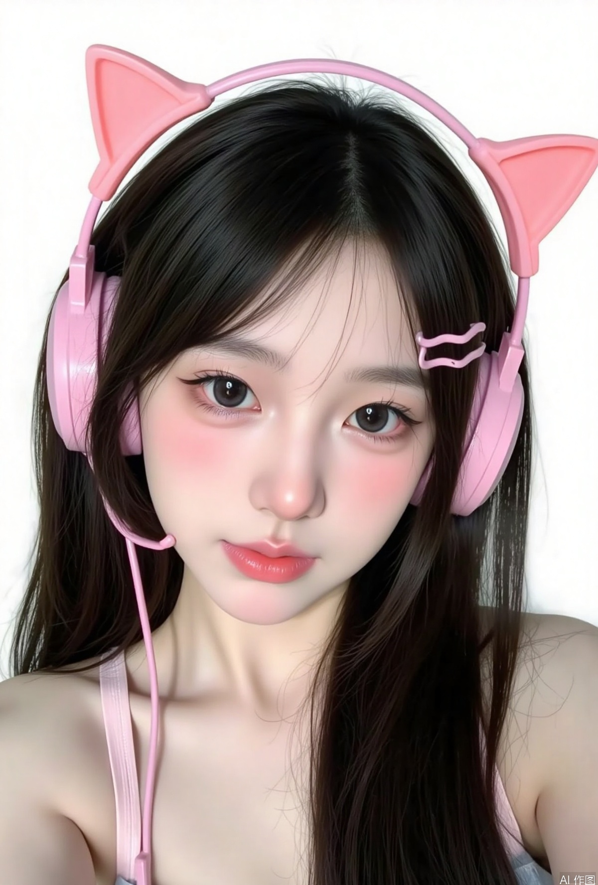 1girl, solo, looking at viewer, simple background, black hair, hair ornament, white background, animal ears, hairclip, cat ears, mole, black eyes, lips, fake animal ears, headphones, portrait, realistic, animal ear headphones, cat ear headphones