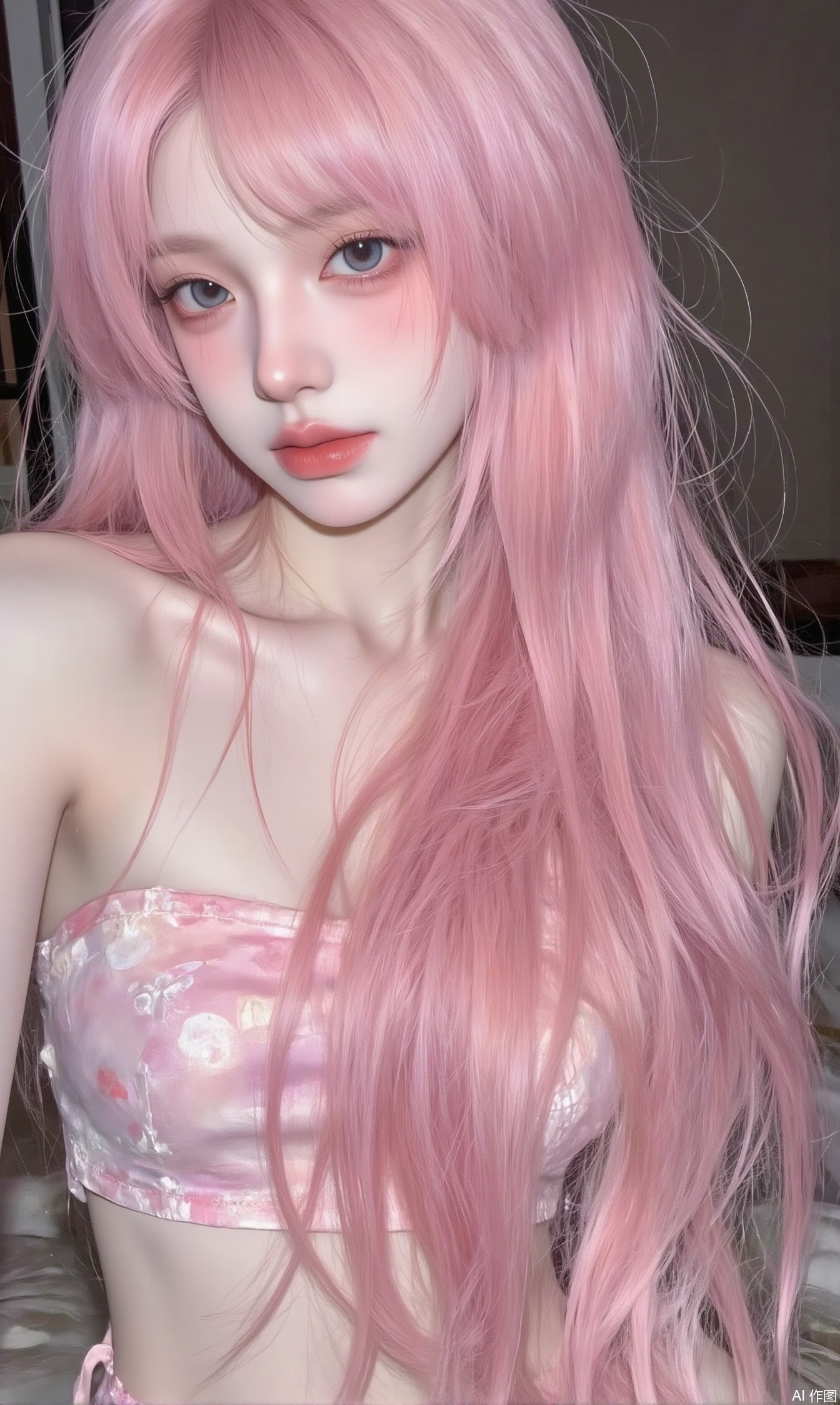 1girl,solo,upper body,long hair,pink hair bare shoulder,