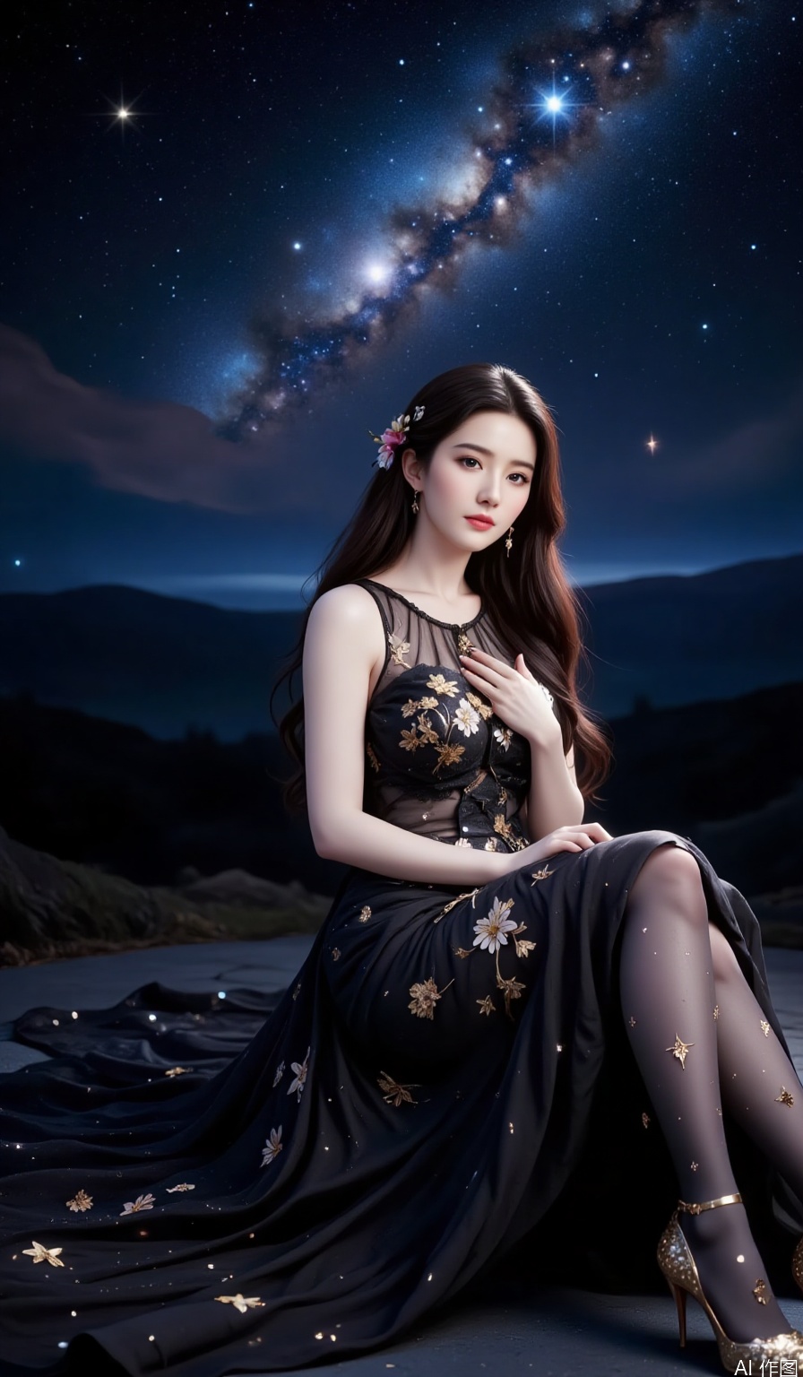 a serene and ethereal scene set against a backdrop of a starry night sky
￼
A woman is seated on what appears to be a bed of stars, her long, flowing hair blending seamlessly with the celestial theme
￼
She is dressed in an elegant black gown adorned with gold floral patterns, which adds a touch of sophistication to the mystical atmosphere
￼
The gown is complemented by sheer stockings that are embellished with small, twinkling stars, enhancing the overall celestial effect
￼
The background features a stunning view of the Milky Way, with its swirling clouds and bright stars, creating a sense of wonder and tranquility
￼
The woman's gaze is directed towards the viewer, adding a sense of connection and mystique to the scene.