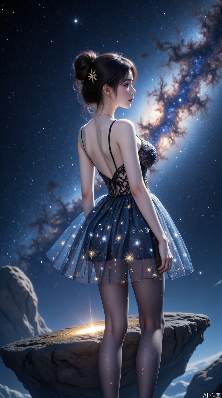 A young woman in a starry sheer dress, her hem covered in flowing galaxies and twinkling stars, sequins shimmering in silver-blue hues. Her high updo is adorned with a starburst hairpin, standing on a floating island in the universe, with the Andromeda Nebula glowing brightly in the background. Moonlight spills from the left, creating a dreamy, ethereal atmosphere. Ultra-realistic style,极致细节(extreme details), 8K resolution.