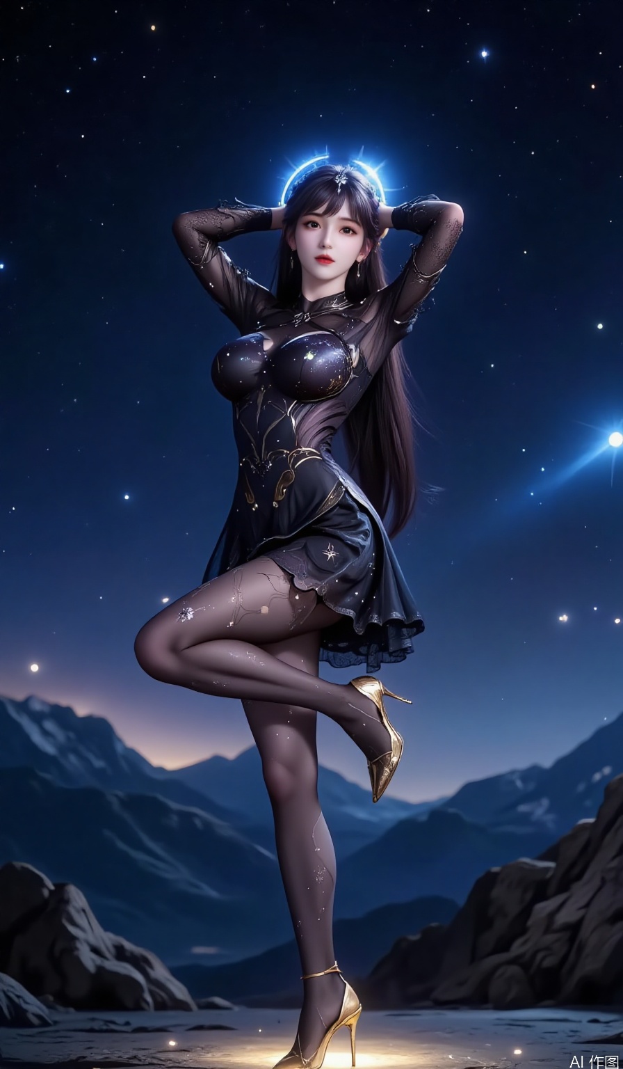 a person standing against a backdrop of mountains and a starry sky
The individual is wearing a black, lace dress with star patterns and sheer stockings
They are also wearing gold high-heeled shoes
The person is striking a pose with one leg raised and their arms gracefully extended, creating a magical and ethereal effect
There are sparkling blue lights around their head, enhancing the mystical atmosphere
The overall scene is serene and enchanting, with a blend of natural beauty and fantasy elements.
添加标注