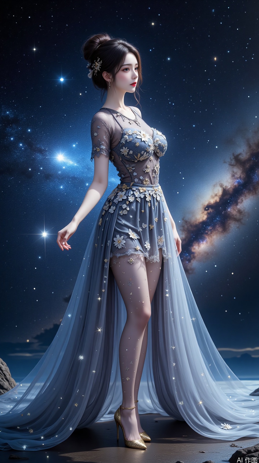 A young woman in a starry sheer dress, her hem covered in flowing galaxies and twinkling stars, sequins shimmering in silver-blue hues. Her high updo is adorned with a starburst hairpin, standing on a floating island in the universe, with the Andromeda Nebula glowing brightly in the background. Moonlight spills from the left, creating a dreamy, ethereal atmosphere. Ultra-realistic style,极致细节(extreme details), 8K resolution.