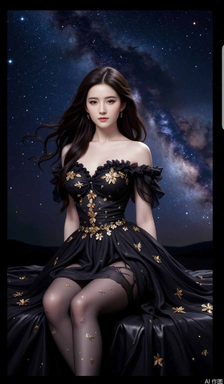 a serene and ethereal scene set against a backdrop of a starry night sky
￼
A woman is seated on what appears to be a bed of stars, her long, flowing hair blending seamlessly with the celestial theme
￼
She is dressed in an elegant black gown adorned with gold floral patterns, which adds a touch of sophistication to the mystical atmosphere
￼
The gown is complemented by sheer stockings that are embellished with small, twinkling stars, enhancing the overall celestial effect
￼
The background features a stunning view of the Milky Way, with its swirling clouds and bright stars, creating a sense of wonder and tranquility
￼
The woman's gaze is directed towards the viewer, adding a sense of connection and mystique to the scene.