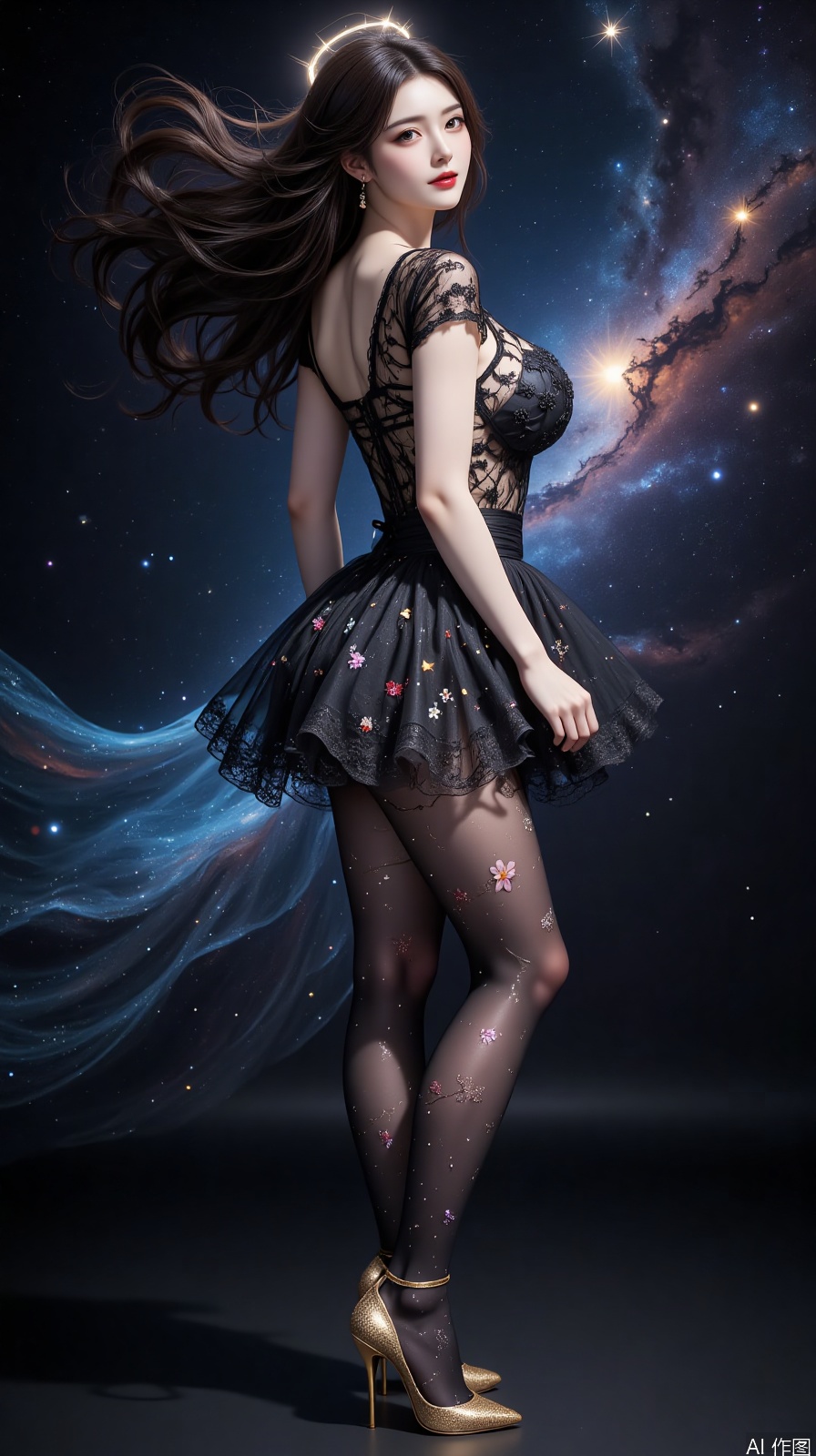 Against a backdrop of flowing nebulae, a graceful woman stands elegantly at the center of the scene. Her hair glows like a galaxy, adorned with tiny starlight accents, as if merging with the universe. She wears a dreamy floral dress with a black lace mesh design, adorned with delicate nebula-inspired floral patterns, subtly accentuating her perfect curves. Beneath the short skirt, she wears black stockings with a shimmering surface, featuring intricate nebula-like jacquard patterns, resembling constellations in the night sky. Her feet are adorned with golden high heels, their slender stiletto heels resembling beams of light in the interstellar expanse, adding an aura of elegance and mystique to her ensemble.

Her face is exquisitely beautiful, her skin as smooth as fine porcelain, her eyes as deep and starry as the cosmos, exuding a sense of mystery and allure. Her makeup is flawless, her lips a deep red, her mouth slightly curved with an enigmatic smile, radiating an irresistible charm. A halo of starlight surrounds her face, as if the light of distant stars flows across her features.

Floating around her are shimmering stardust and dreamy nebulae, her figure enveloped in starlight, as if she were a goddess from the depths of the universe. The entire scene is filled with a fantastical and cosmic意境, showcasing a mysterious and romantic harmony.