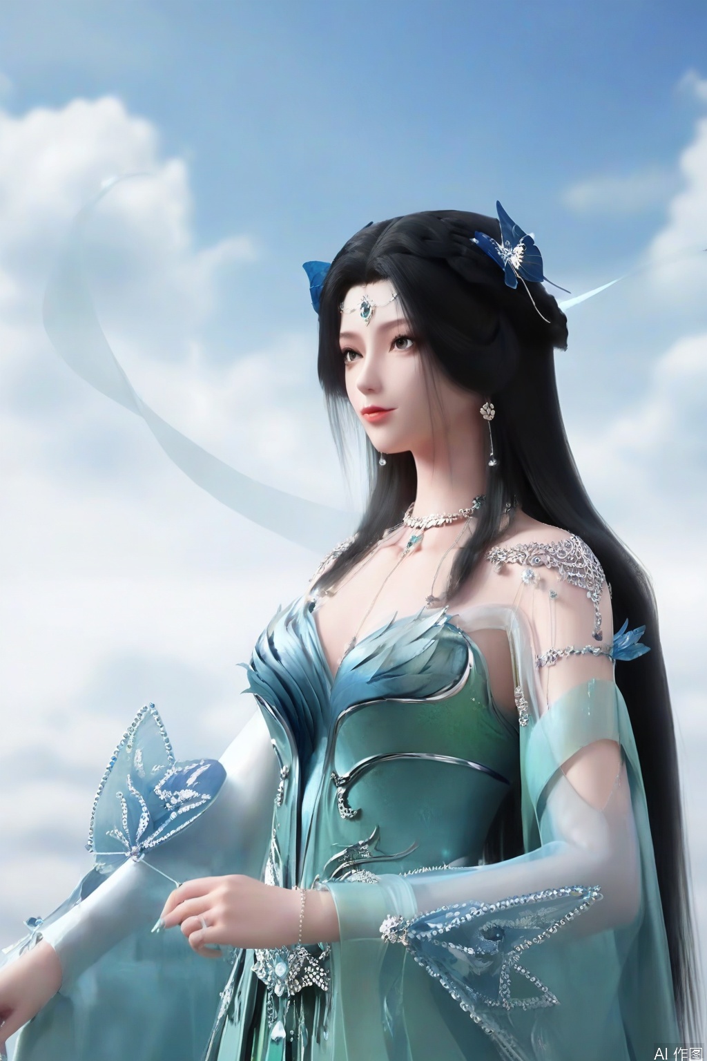 score_9_up,score_8_up,JiangLi,1girl, solo, long hair, black hair, hair ornament, dress, jewelry, upper body, earrings, sky, cloud, necklace, blue dress, beads, green dress