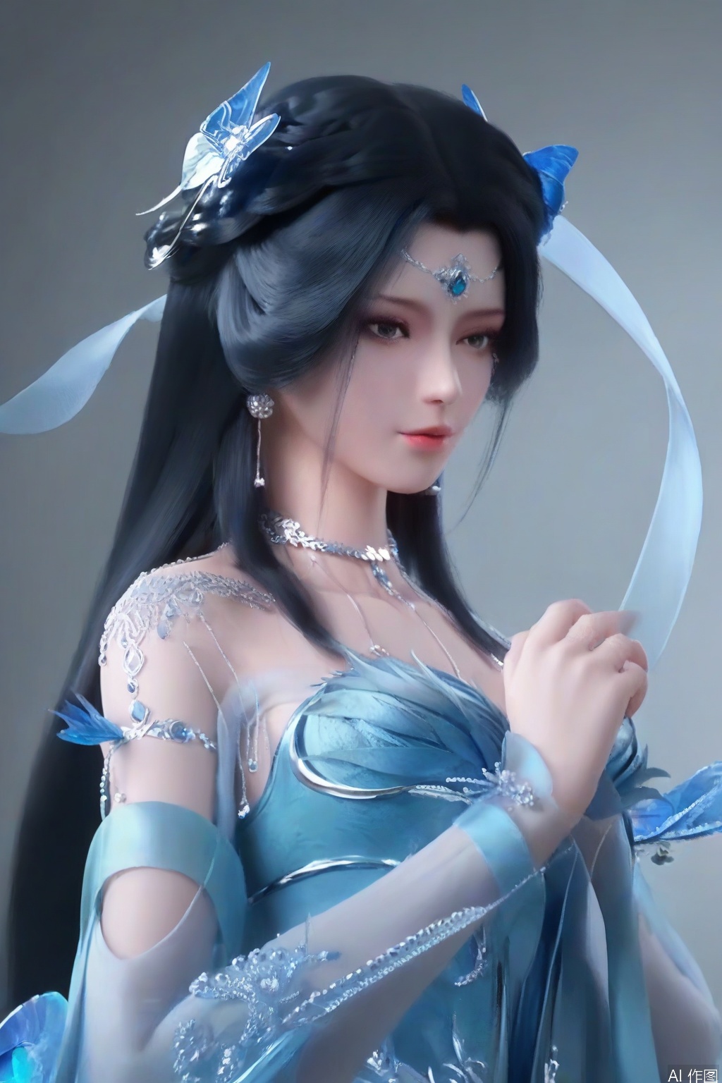 score_9_up,score_8_up,JiangLi,1girl, solo, long hair, black hair, hair ornament, dress, jewelry, upper body, earrings, necklace, hair bun, blue dress