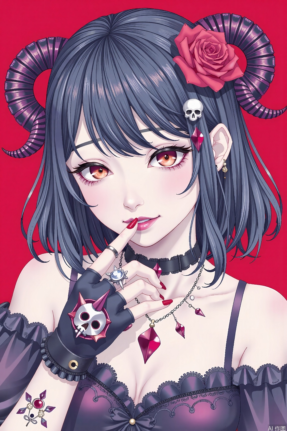 masterpiece, high quality, absurdres, best quality, very aesthetic, colorful, newest, 1girl, solo, looking at viewer, black hair, gloves, jewelry, horns, fingerless gloves, nail polish, lips, orange eyes, tattoo, piercing, ring, finger to mouth, spikes, skull, masterpiece, very aesthetic, absurdres, best quality, good quality, newest, highres,Anime screencap,