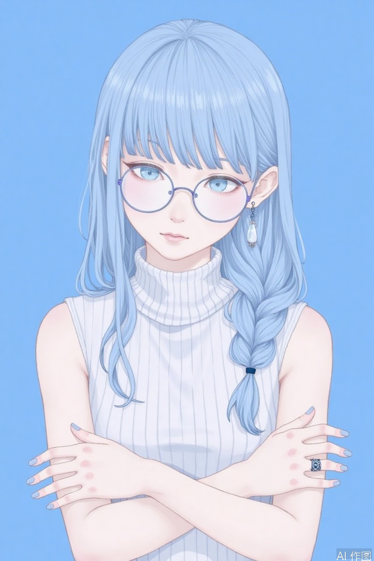 1girl, solo, long hair, looking at viewer, bangs, blue eyes, shirt, bare shoulders, jewelry, closed mouth, blue hair, upper body, braid, earrings, glasses, sleeveless, blunt bangs, nail polish, fingernails, sleeveless shirt, single braid, turtleneck, blue background, piercing, crossed arms, ring, ear piercing, round eyewear,