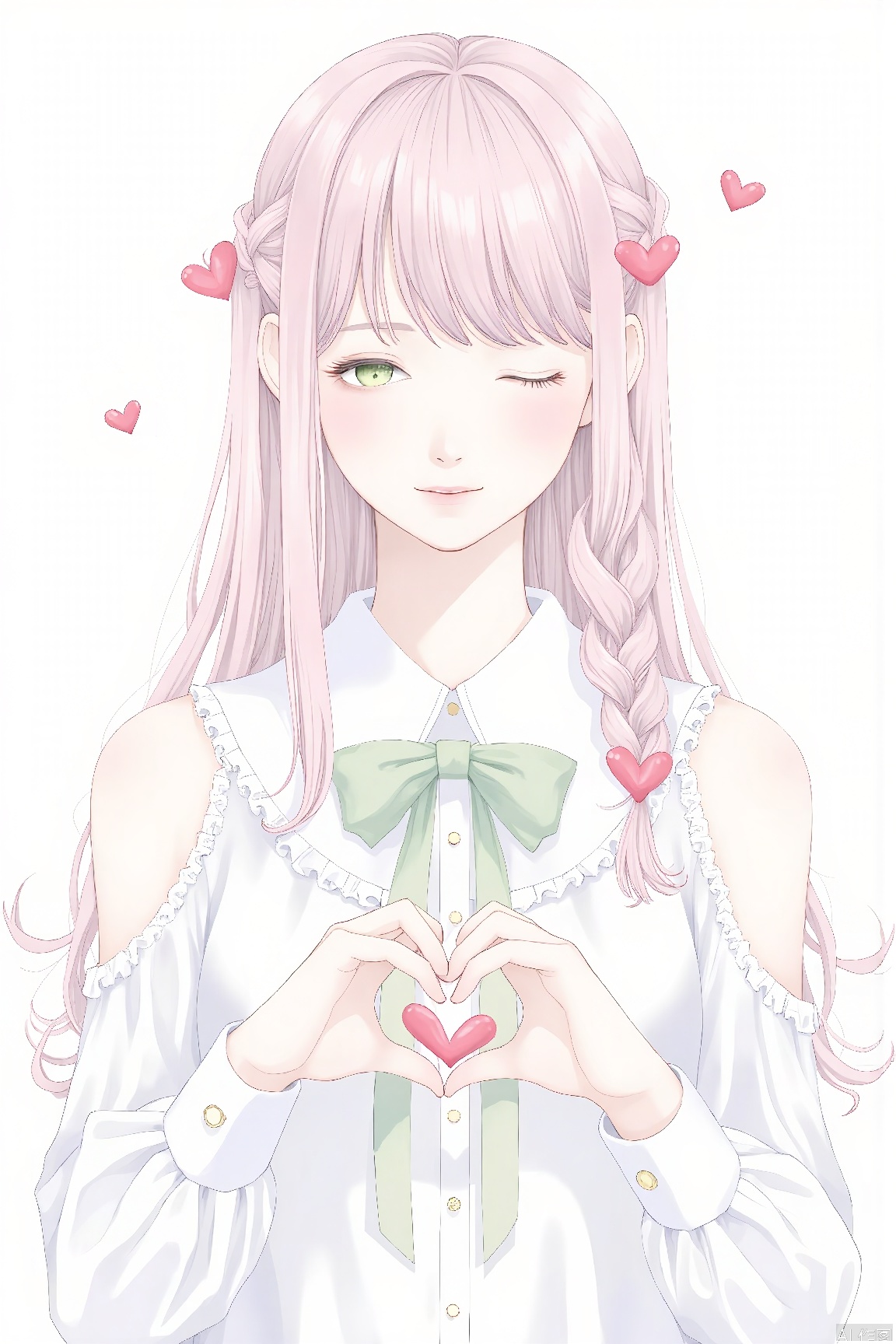 1girl, solo, long hair, looking at viewer, blush, bangs, white background, bow, green eyes, pink hair, braid, heart, detached sleeves, one eye closed, heart hands,
